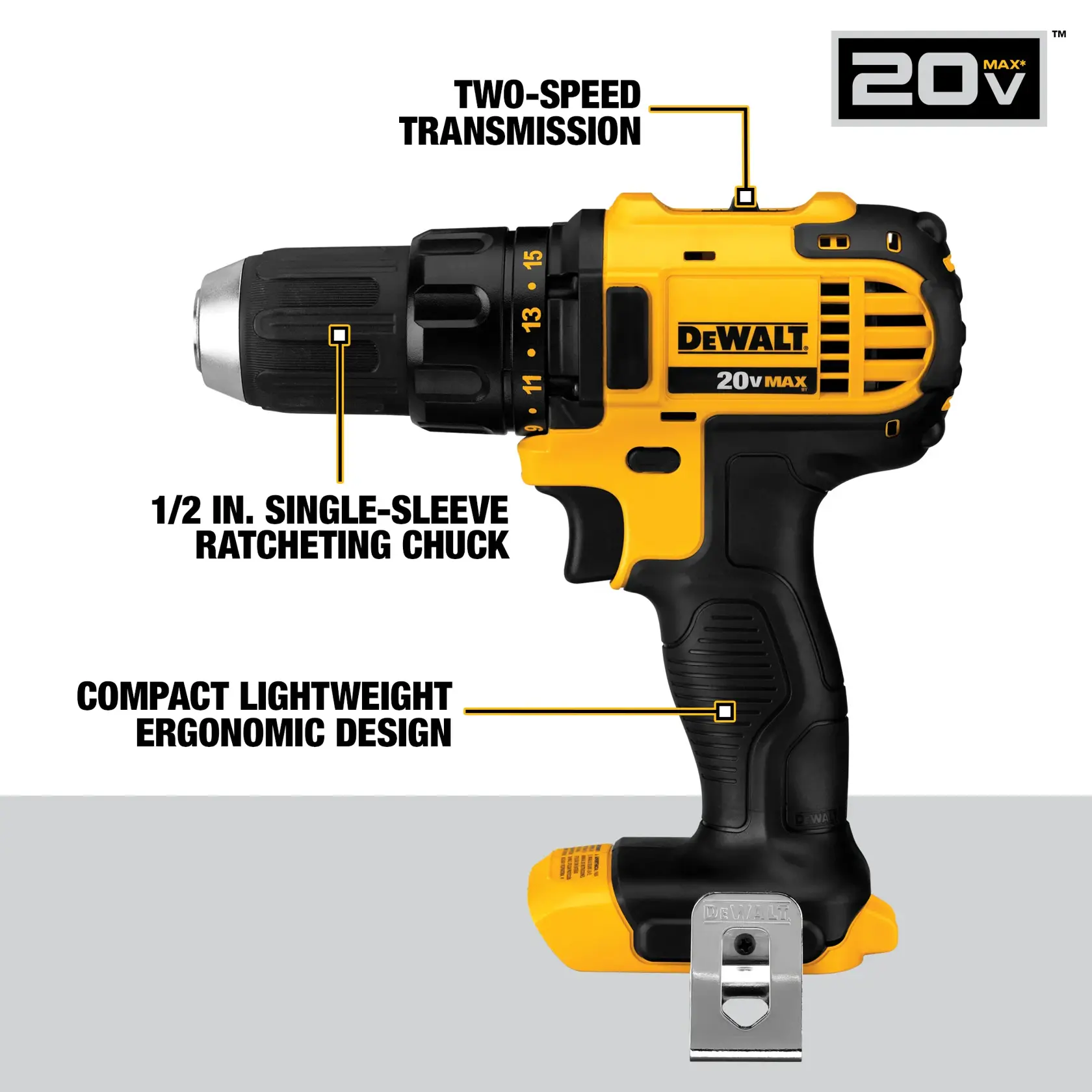 Image of a DEWALT 20V MAX cordless drill featuring highlighted labels for its two-speed transmission, 1/2 inch single-sleeve ratcheting chuck, and compact lightweight ergonomic design.