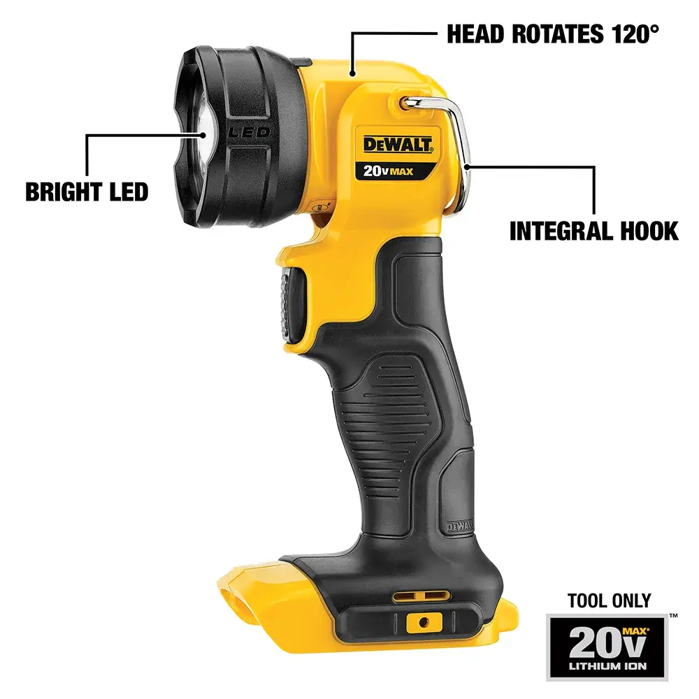 A yellow and black DEWALT 20V MAX cordless LED work light with ergonomic grip. The image highlights its bright LED, 120-degree rotating head, and integral hook. Text notes 'tool only' and '20V lithium ion'.