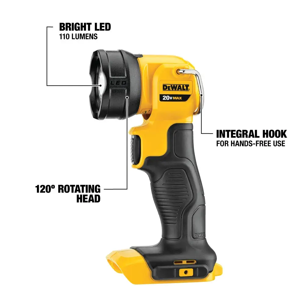 DEWALT DCL040 LED flashlight with a 120° rotating head, integral hook, and 110 lumens brightness.