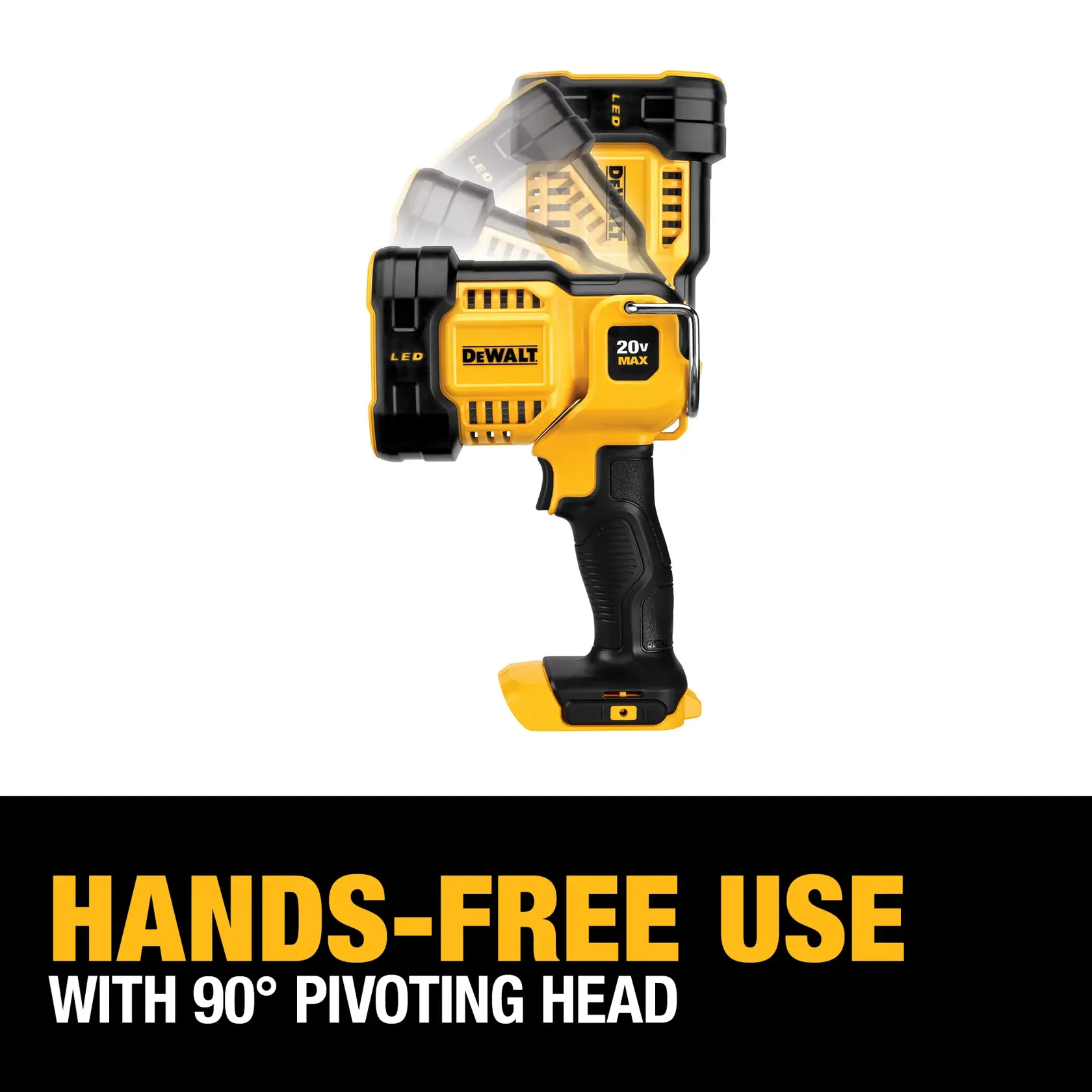 DEWALT DCL043 20V Max LED spotlight with 90-degree pivoting head, shown in motion to illustrate hands-free use. Text at the bottom reads: 'Hands-free use with 90° pivoting head.'