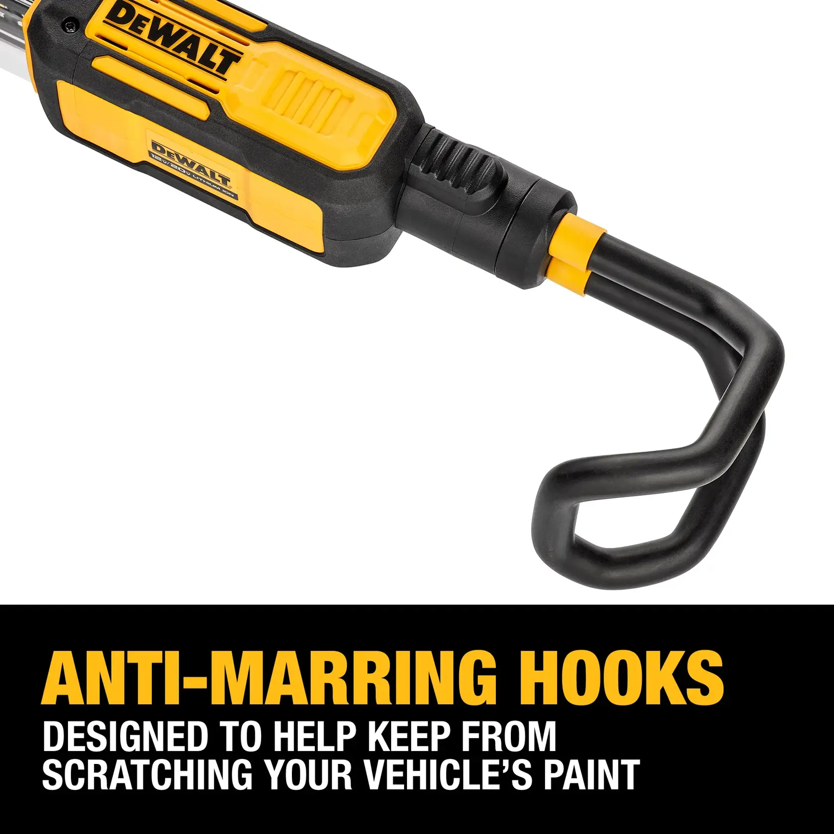 Close-up image of a DEWALT tool with anti-marring hooks, designed to help prevent scratching your vehicle's paint. Product text highlights the feature.