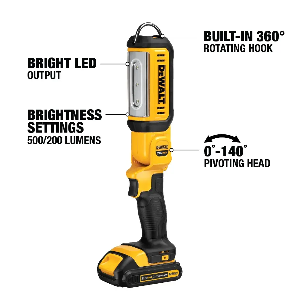 DEWALT DCL050 handheld work light with bright LED output, brightness settings of 500 and 200 lumens, built-in 360-degree rotating hook, and 0° to 140° pivoting head. The light is shown upright with labeled features.