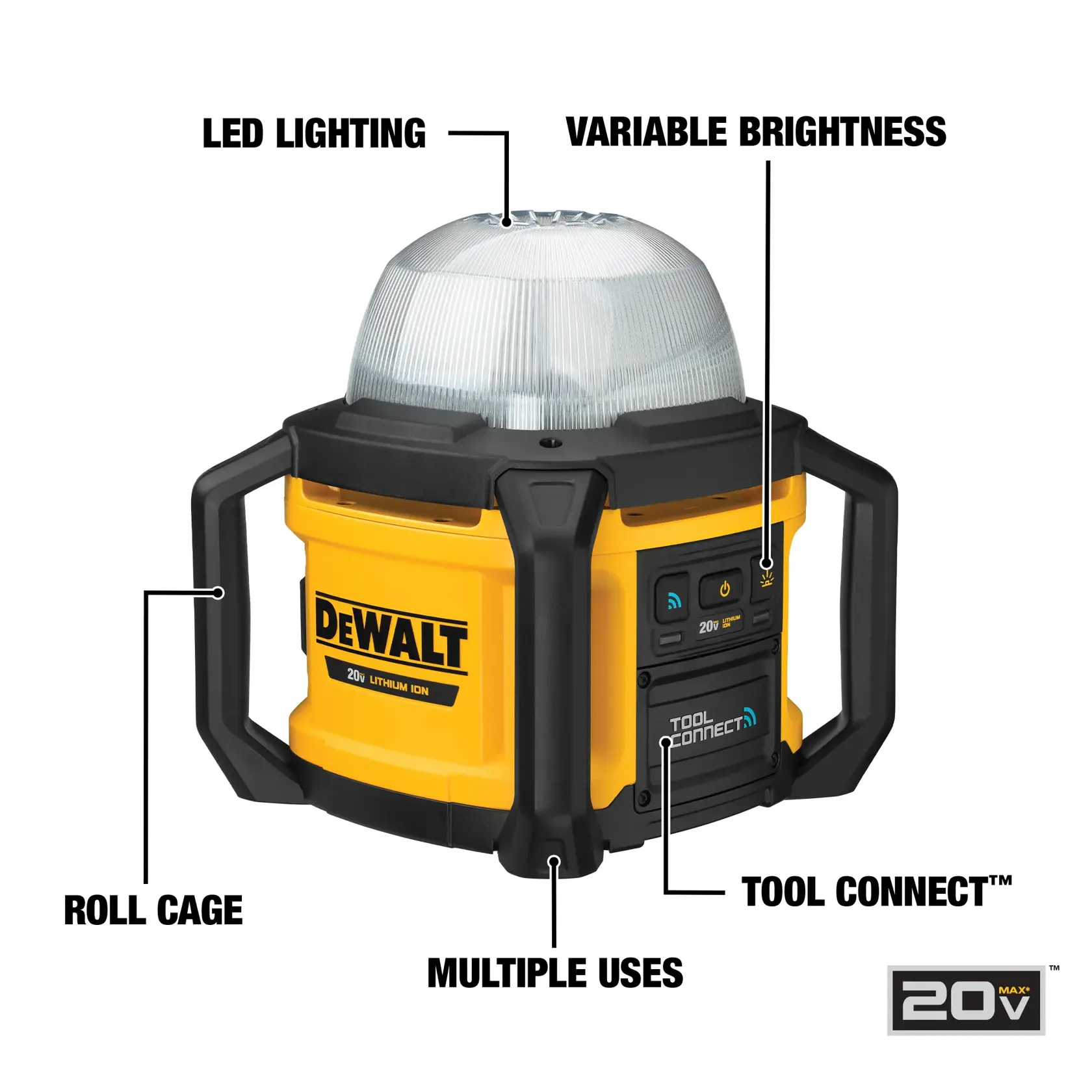 DEWALT DCL074 20V LED work light with roll cage, variable brightness, Tool Connect technology, and multiple uses, shown with feature labels.