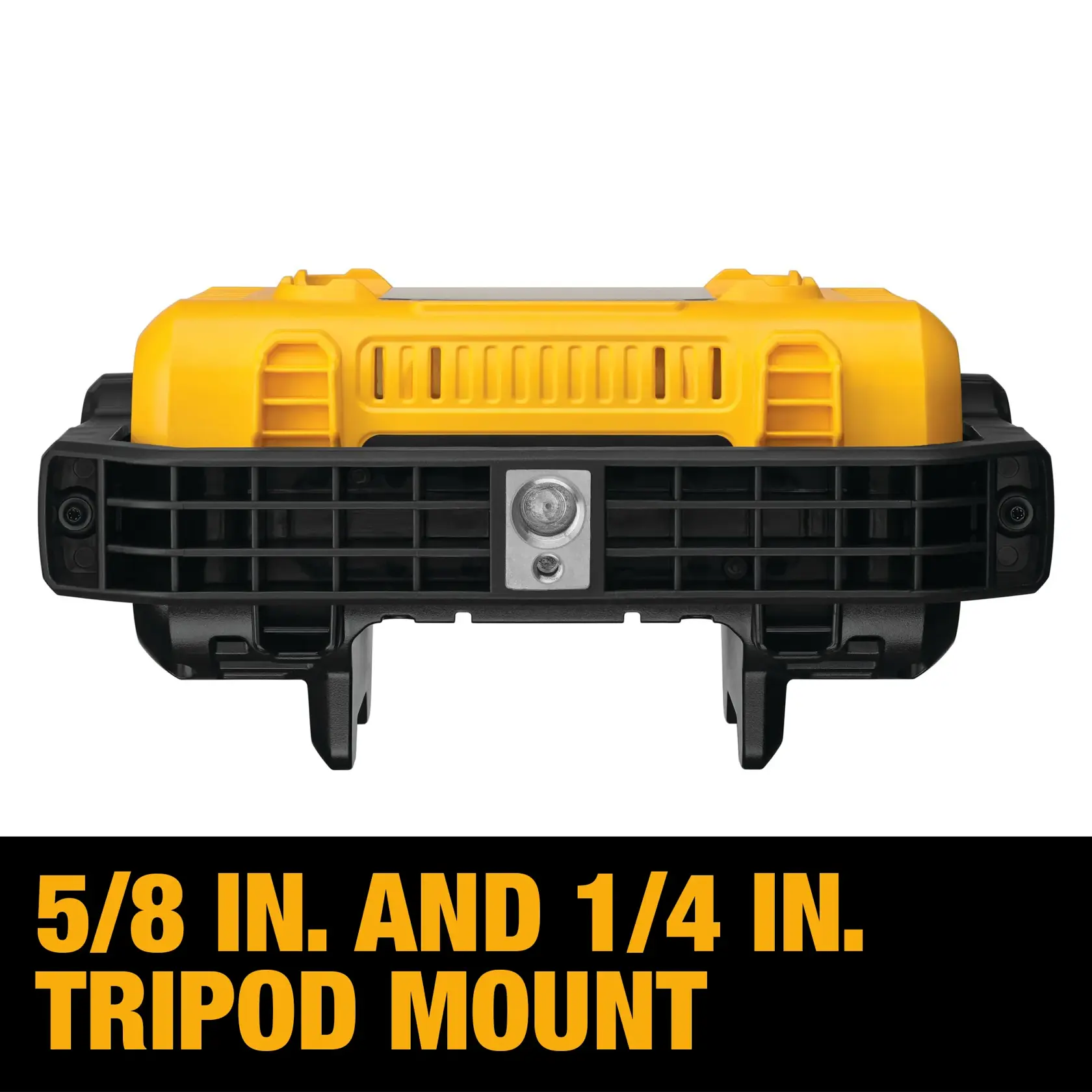 Front view of a DEWALT DCL077B portable work light showing its tripod mount with 5/8 inch and 1/4 inch compatibility. The product is yellow and black with a metal mount, and the text below reads '5/8 IN. AND 1/4 IN. TRIPOD MOUNT'.