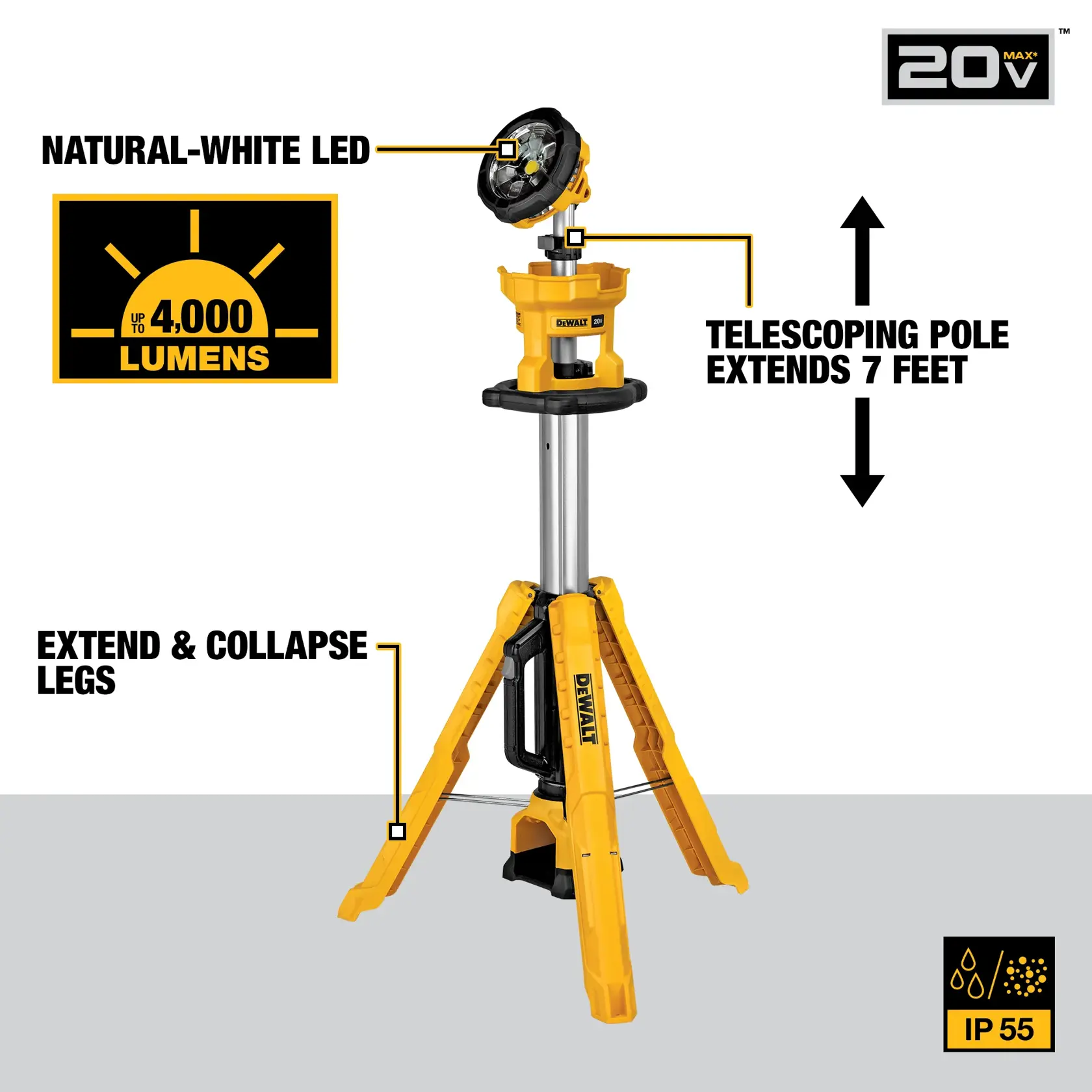DEWALT DCL079R1 20V MAX portable LED work light with a telescoping pole that extends up to 7 feet, extendable and collapsible legs, natural-white LED providing up to 4,000 lumens, and IP55 rating for dust and water resistance.
