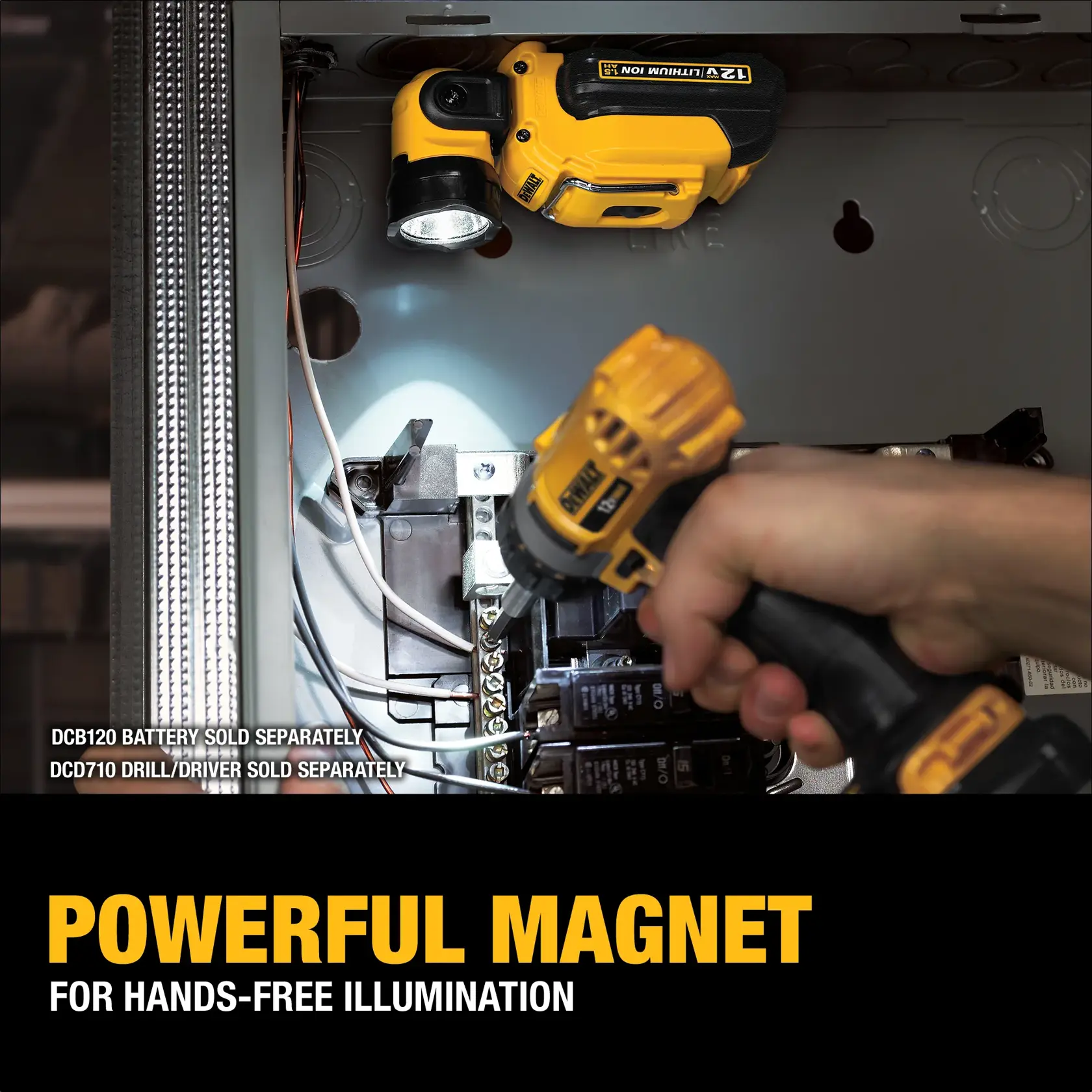 A person wearing brown overalls uses an inspection light attached to their chest while working inside an electrical panel. The portable yellow DEWALT light illuminates the area, aiding visibility during maintenance.