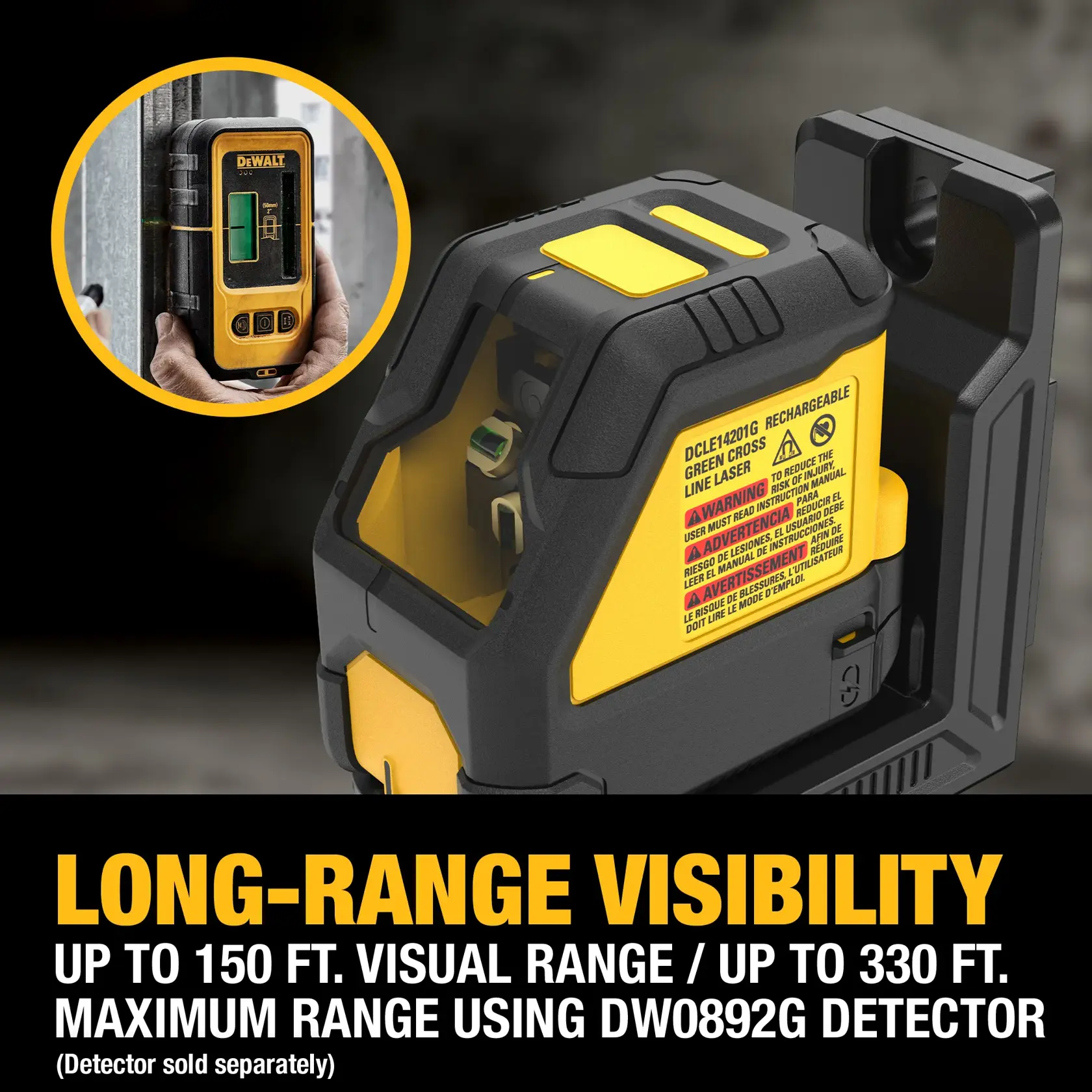 DEWALT green cross line laser model DCLE14201G with long-range visibility. The image shows the laser device, and an inset depicts a person holding a DW0892G detector. Text highlights up to 150 feet visual range and up to 330 feet maximum range using the detector (sold separately).