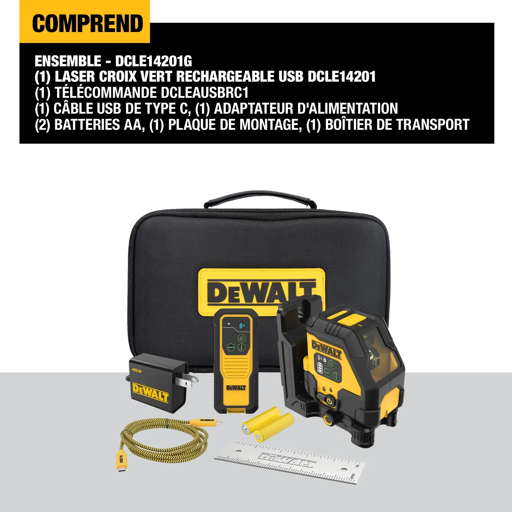 DEWALT DCLE14201G kit contents displayed, including a USB rechargeable green cross line laser, remote control, USB Type C cable, power adapter, two AA batteries, mounting plate, measuring ruler, and a black storage case with a DEWALT logo.