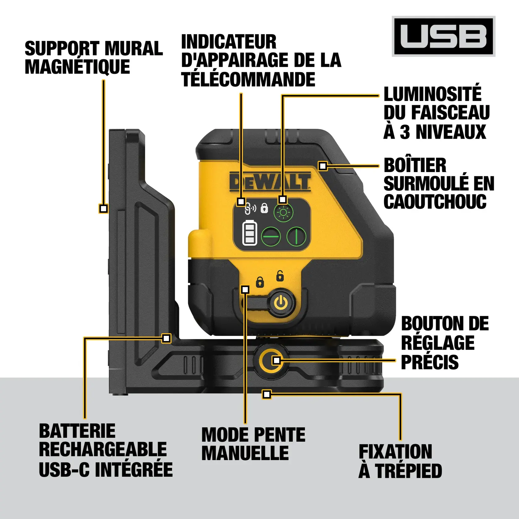 Image of a DEWALT laser level device with feature labels. Shown are a magnetic wall bracket, remote control pairing indicator, 3 level beam brightness, rubber overmold housing, integrated USB-C rechargeable battery, manual slope mode, fine adjust knob, and tripod mount.