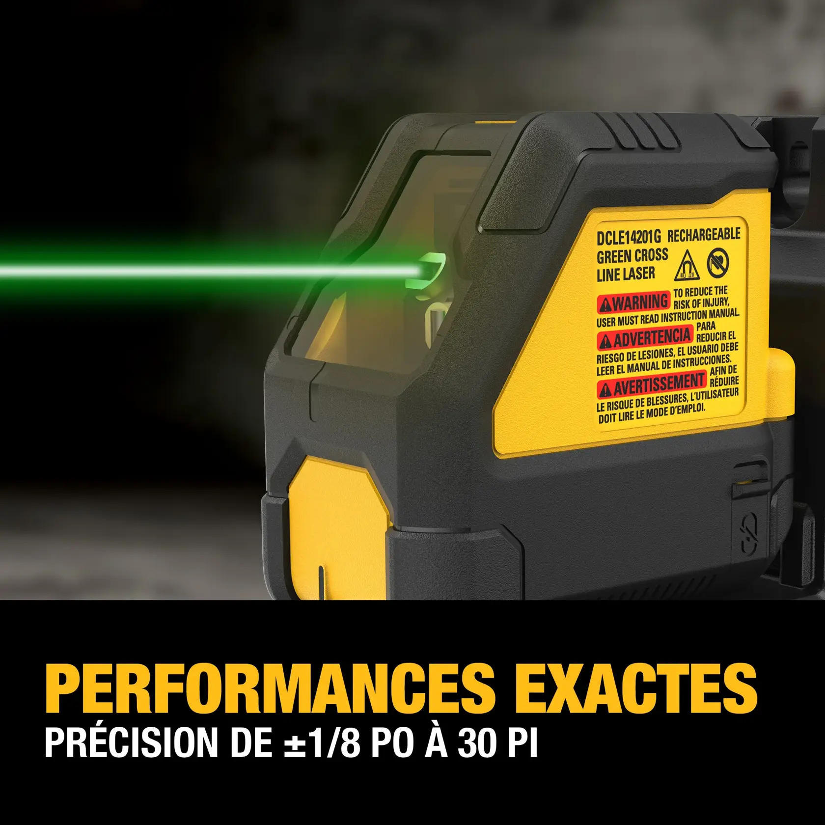 Close-up image of a DEWALT DCLE14201G rechargeable green cross line laser tool in action, emitting a bright green laser beam. The device features a yellow and black design with warning labels visible. Text overlay at the bottom reads: 'Accurate performance provides ±1/8 in. accuracy at 30 ft.'