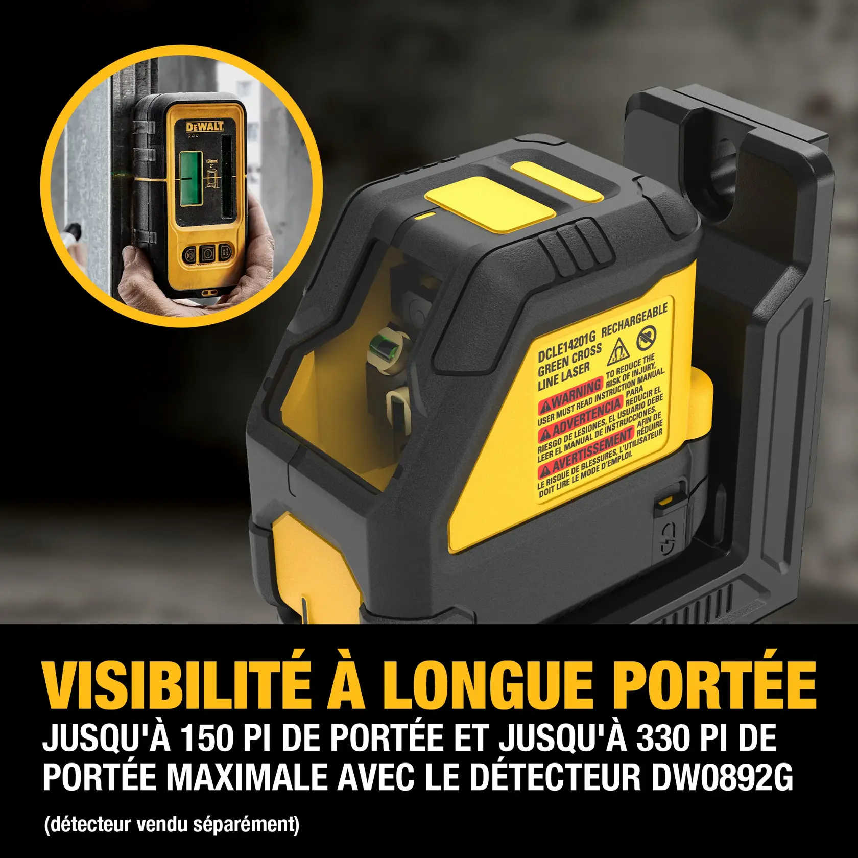 DEWALT green cross line laser model DCLE14201G with long-range visibility. The image shows the laser device, and an inset depicts a person holding a DW0892G detector. Text highlights up to 150 feet visual range and up to 330 feet maximum range using the detector (sold separately).