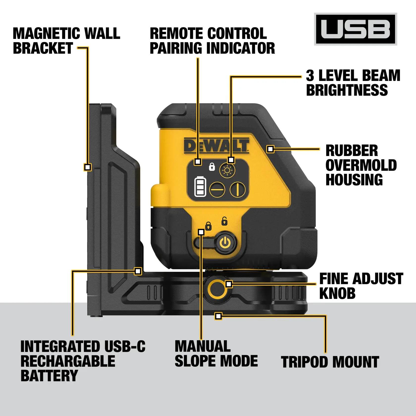 Image of a DEWALT laser level showing key features labeled: magnetic wall bracket, remote control pairing indicator, 3 level beam brightness, rubber overmold housing, integrated USB-C rechargeable battery, manual slope mode, fine adjust knob, and tripod mount.