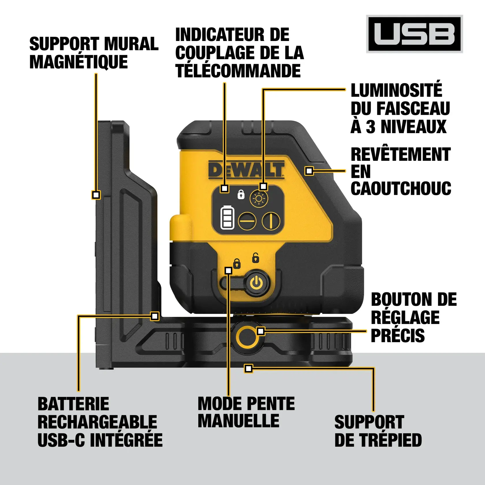 Image of a DEWALT laser level showing key features labeled: magnetic wall bracket, remote control pairing indicator, 3 level beam brightness, rubber overmold housing, integrated USB-C rechargeable battery, manual slope mode, fine adjust knob, and tripod mount.