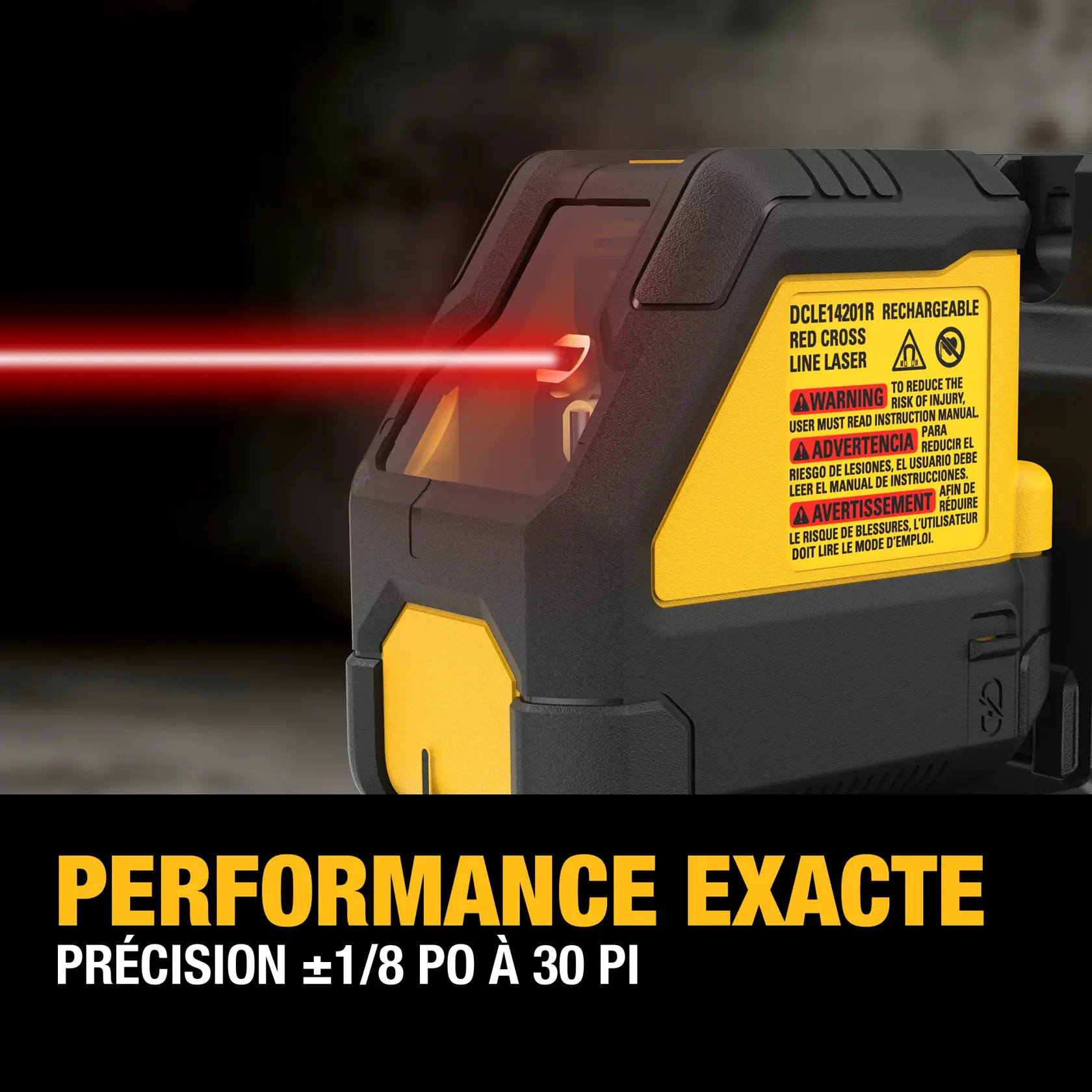 DEWALT DCLE14201RB rechargeable red cross line laser tool emitting a red laser beam, shown with warning label and text highlighting its accurate performance with ±1/8 inch accuracy at 30 feet.