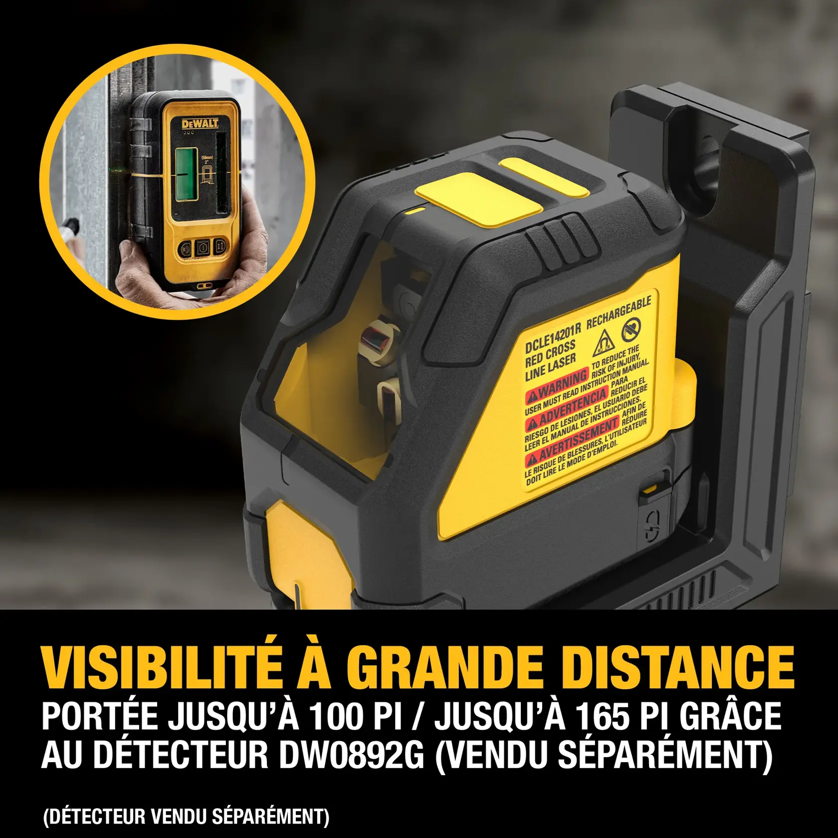DEWALT DCLE14201RB rechargeable red cross line laser tool shown in close-up with a yellow and black body. Inset image displays a DEWALT range detector being held against a metal surface. Text highlights long-range visibility with up to 100 ft. visual range and up to 165 ft. maximum range when using DW0892G detector (detector sold separately).