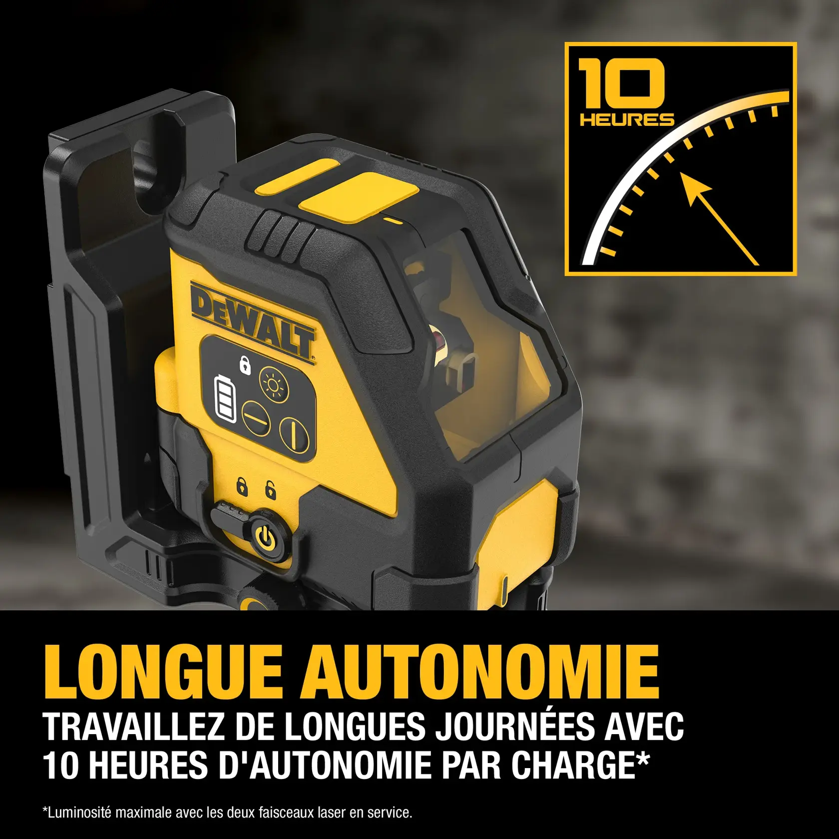 DEWALT laser level device shown with a highlighted feature of 10 hours runtime per charge. The image displays the product with yellow and black details, control buttons, and a graphic indicating '10 hours' long runtime. Text below emphasizes working long days with extended battery life.