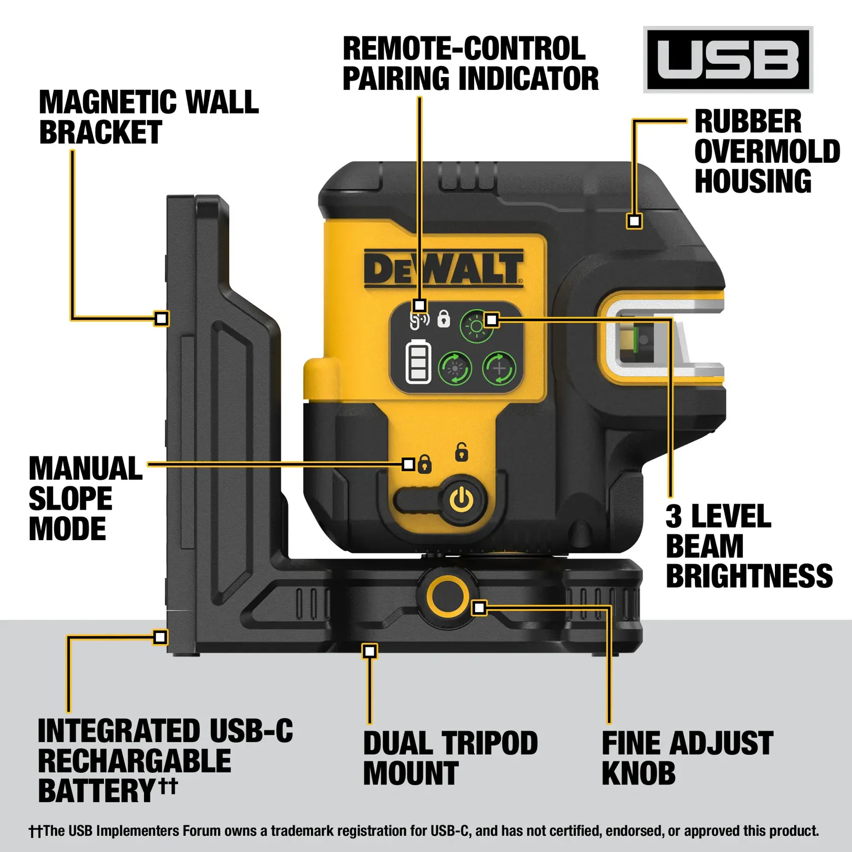 A DEWALT branded laser level device with labeled features. The image highlights a magnetic wall bracket, manual slope mode, integrated USB-C rechargeable battery, dual tripod mount, fine adjust knob, rubber overmold housing, remote-control pairing indicator, and 3-level beam brightness.