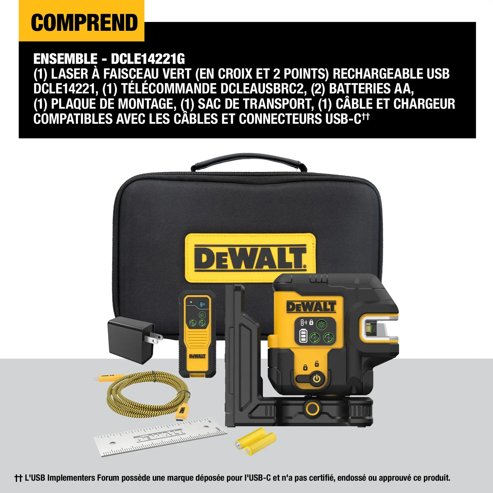 DEWALT DCLE14221G kit image showing included items: a DCLE14221 USB rechargeable green cross line and 2 spot laser device, a DCLEAUSBRC2 remote control, two AA batteries, a mounting plate, a storage case with DEWALT branding, a USB-C compatible cable and charger, and a ruler.