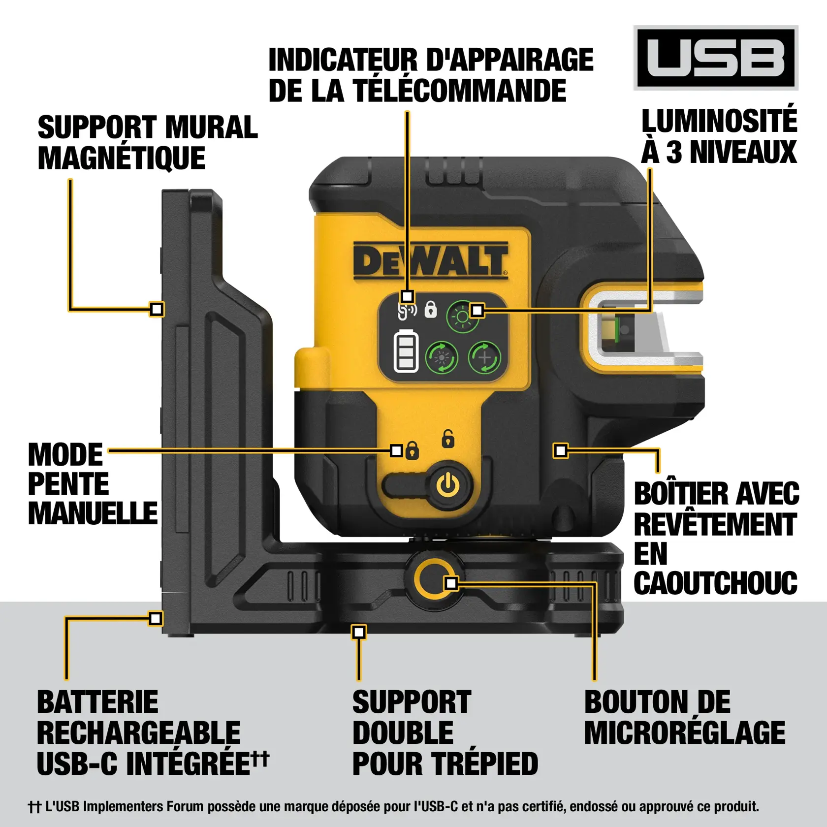 A DEWALT branded laser level device with labeled features. The image highlights a magnetic wall bracket, manual slope mode, integrated USB-C rechargeable battery, dual tripod mount, fine adjust knob, rubber overmold housing, remote-control pairing indicator, and 3-level beam brightness.
