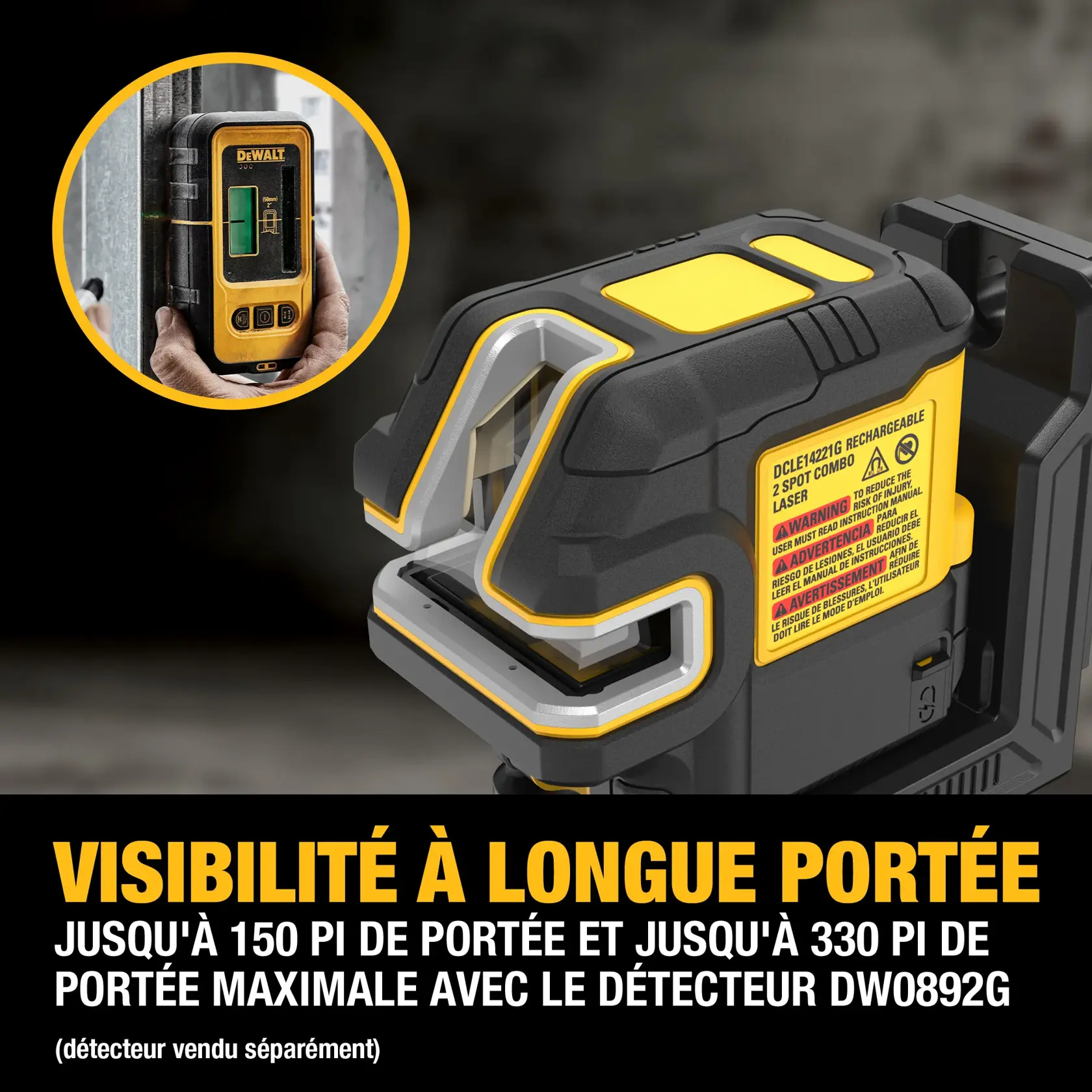 A DEWALT DCLE14221G rechargeable laser level device shown in close-up, with a circular inset displaying a hand holding a DEWALT DW0892G detector against a metal surface. Text on the image highlights long-range visibility: up to 150 ft. visual range and 330 ft. maximum range with DW0892G detector (sold separately).