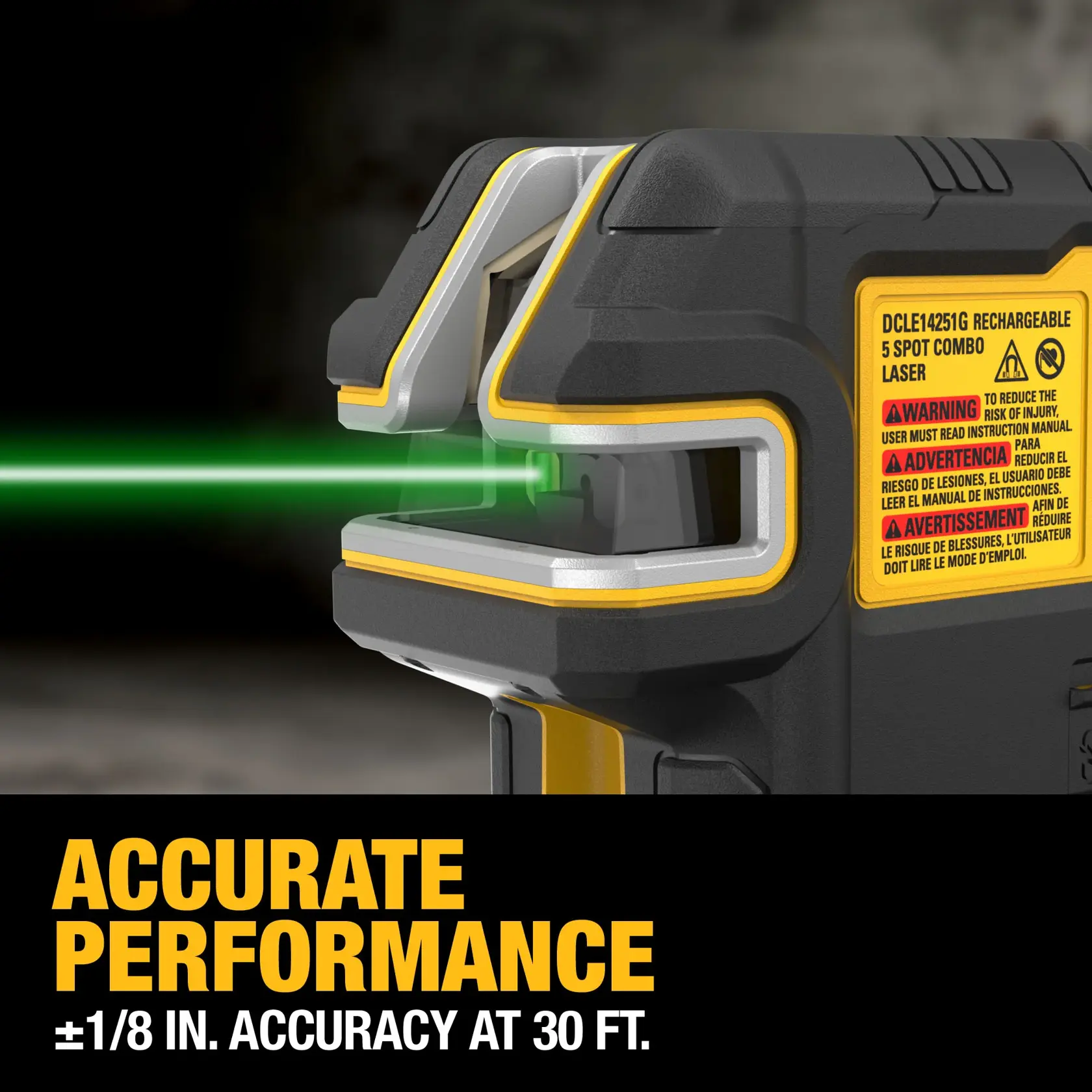 Close-up of a DEWALT rechargeable 5 spot combo laser tool emitting a green laser beam, with a warning label on the side and text highlighting its accurate performance of ±1/8 inch accuracy at 30 feet.