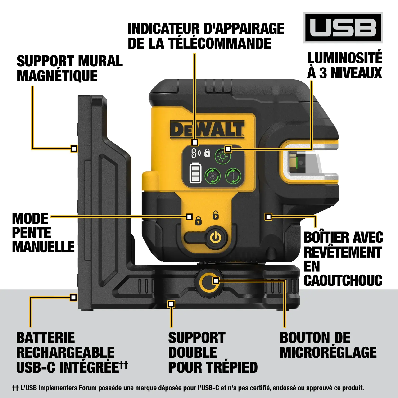 Image of a DEWALT laser level device, model DCLE14251G, with labeled features. The features include a magnetic wall bracket, manual slope mode, integrated USB-C rechargeable battery, dual tripod mount, fine adjust knob, 3 level beam brightness, rubber overmold housing, and a remote-control pairing indicator.