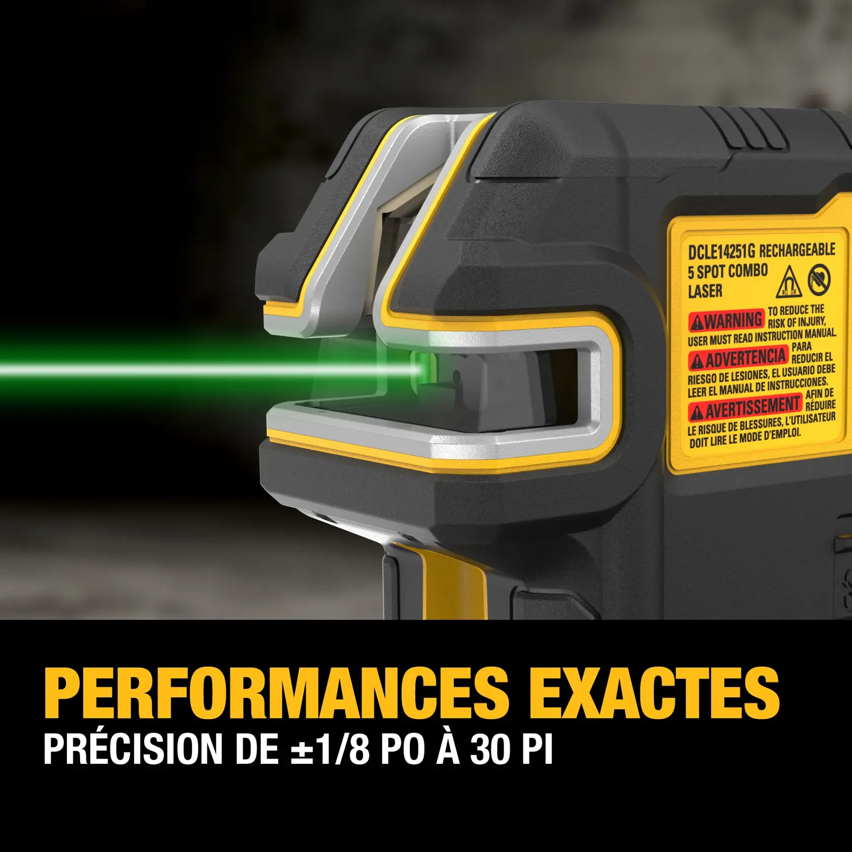 Close-up of a DEWALT rechargeable 5 spot combo laser tool emitting a green laser beam, with a warning label on the side and text highlighting its accurate performance of ±1/8 inch accuracy at 30 feet.