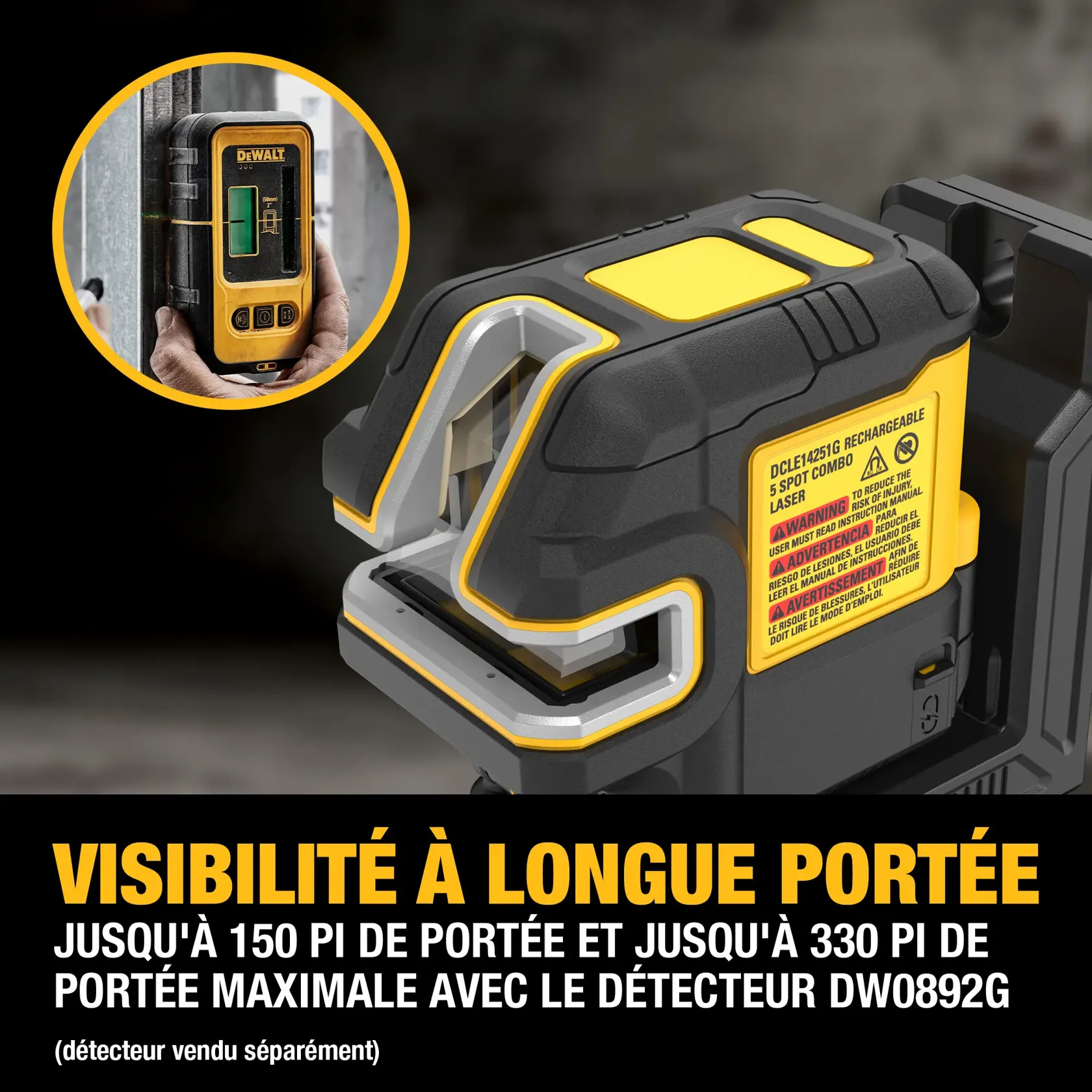 DEWALT DCLE14251G 5 Spot Combo Laser with yellow and black design shown up close. Inset image displays a DEWALT detector being used on a metal beam. Text describes long-range visibility: up to 150 ft. visual range and up to 330 ft. maximum range with DW0892G detector (sold separately).