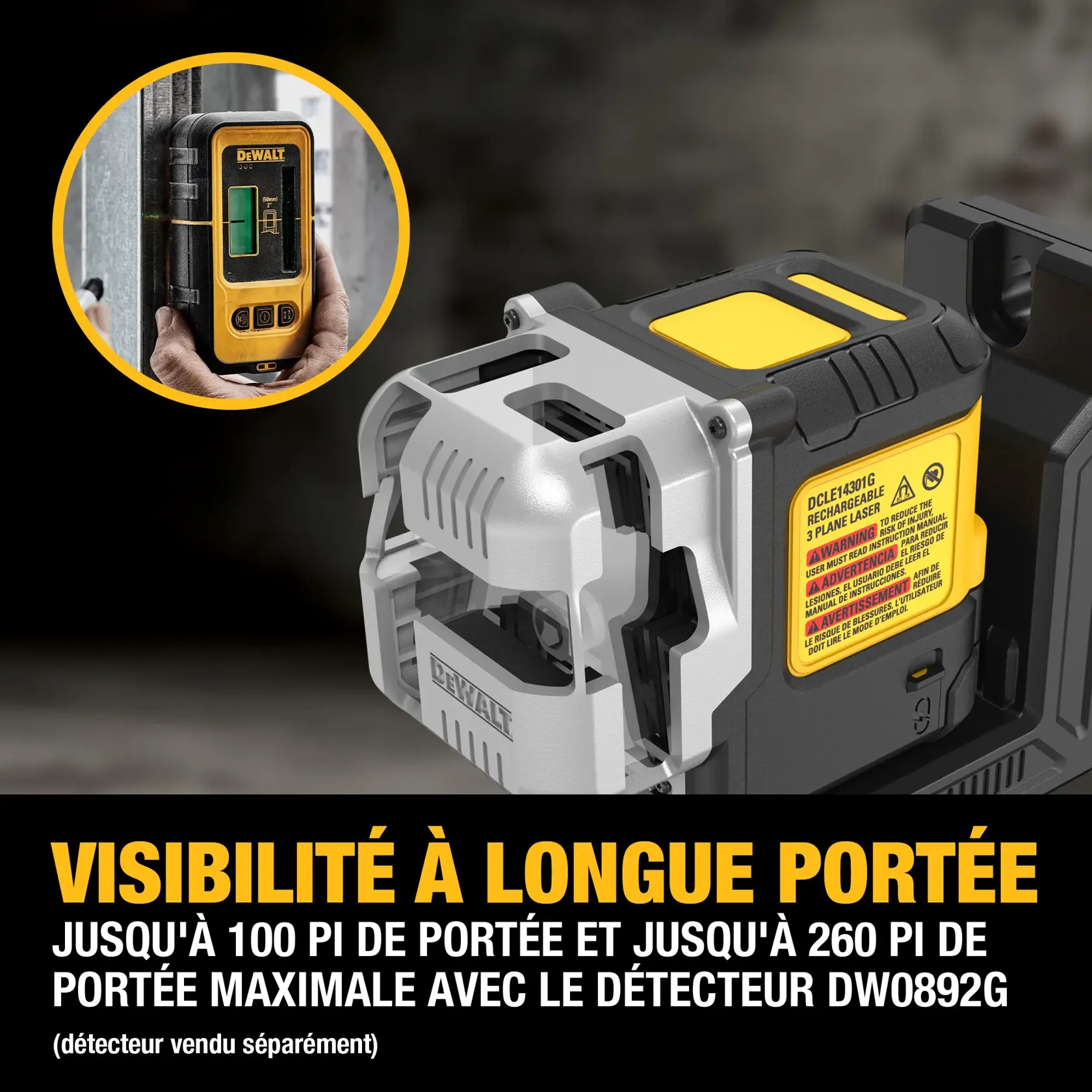 Image of a DEWALT DCLE14301GB 3-plane laser tool with a yellow and black design. Includes an inset showing a hand holding a DEWALT DW0892G detector. The graphic text highlights long-range visibility up to 100 feet visual range and 260 feet maximum range using the detector (sold separately).