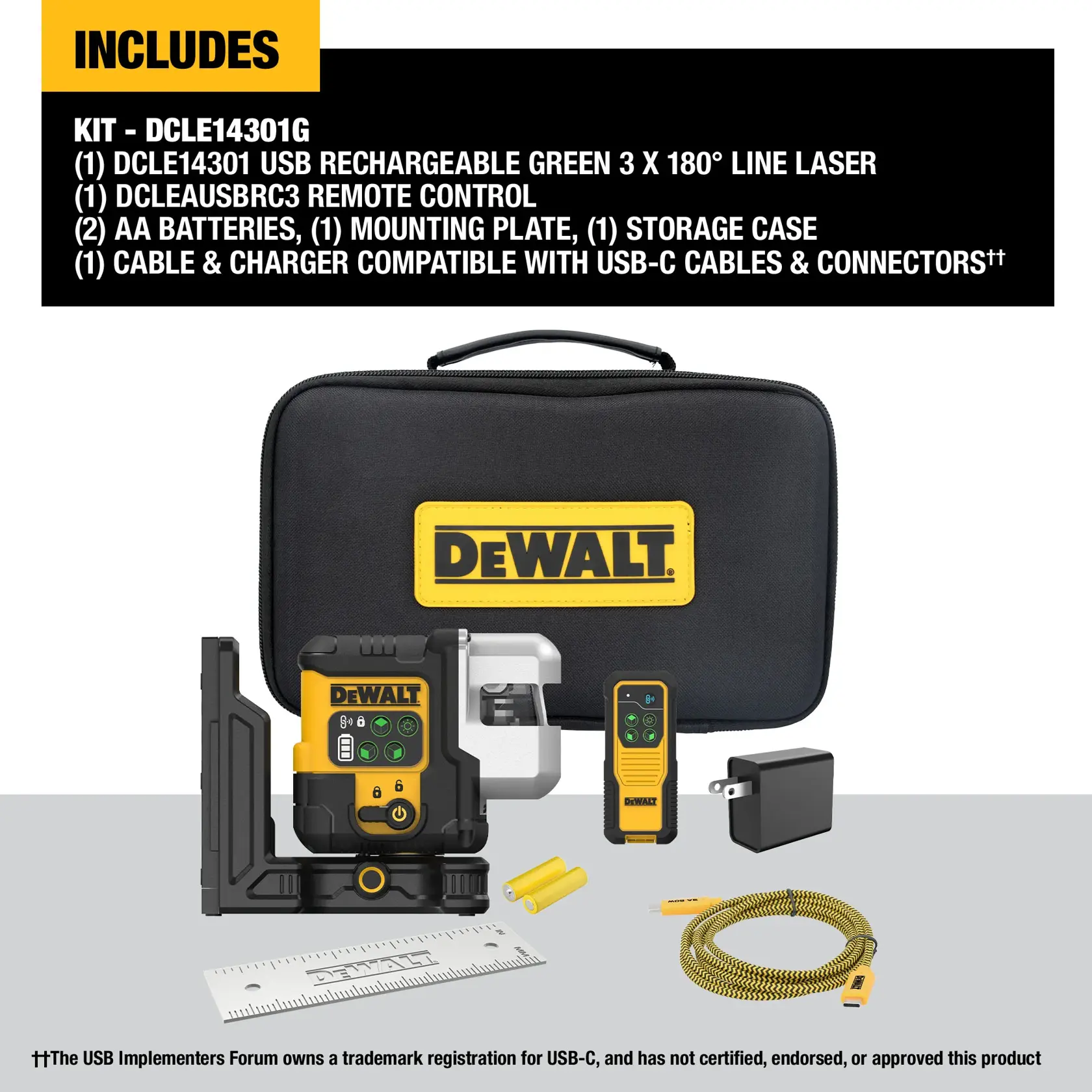 The image shows a DEWALT DCLE14301G kit, which includes a rechargeable green 3 x 180° line laser, a remote control, two AA batteries, a mounting plate, a storage case with a DEWALT logo, and a cable and charger compatible with USB-C. All items are arranged in front of the black and yellow carrying case.