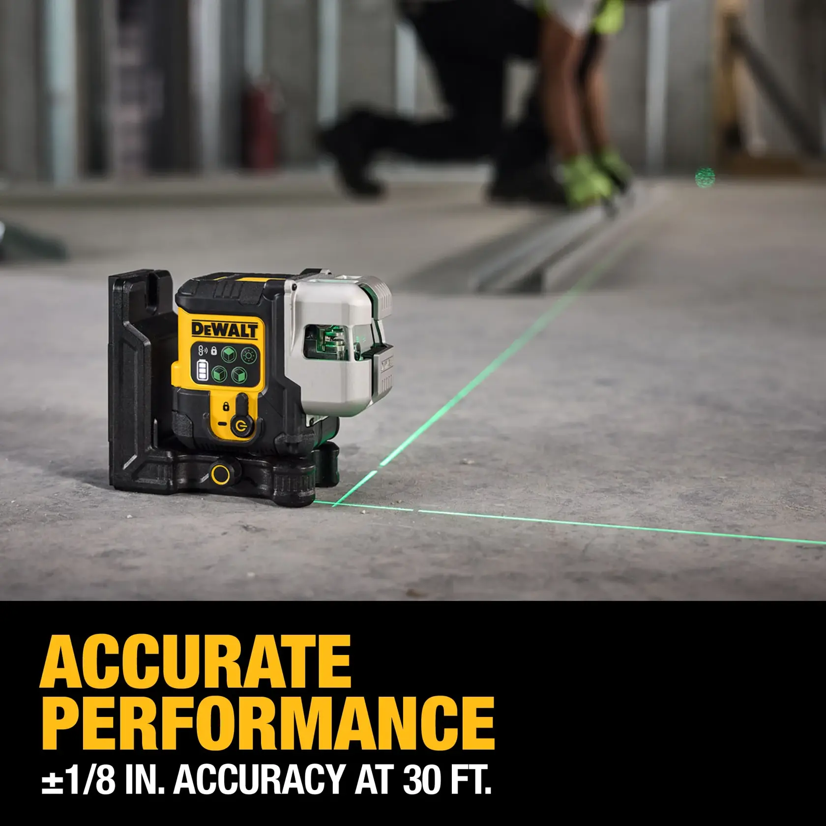 A DEWALT laser level tool emits green laser lines onto a construction floor, with a worker in the background. Promotional text at the bottom reads: 'Accurate performance ±1/8 in. accuracy at 30 ft.'