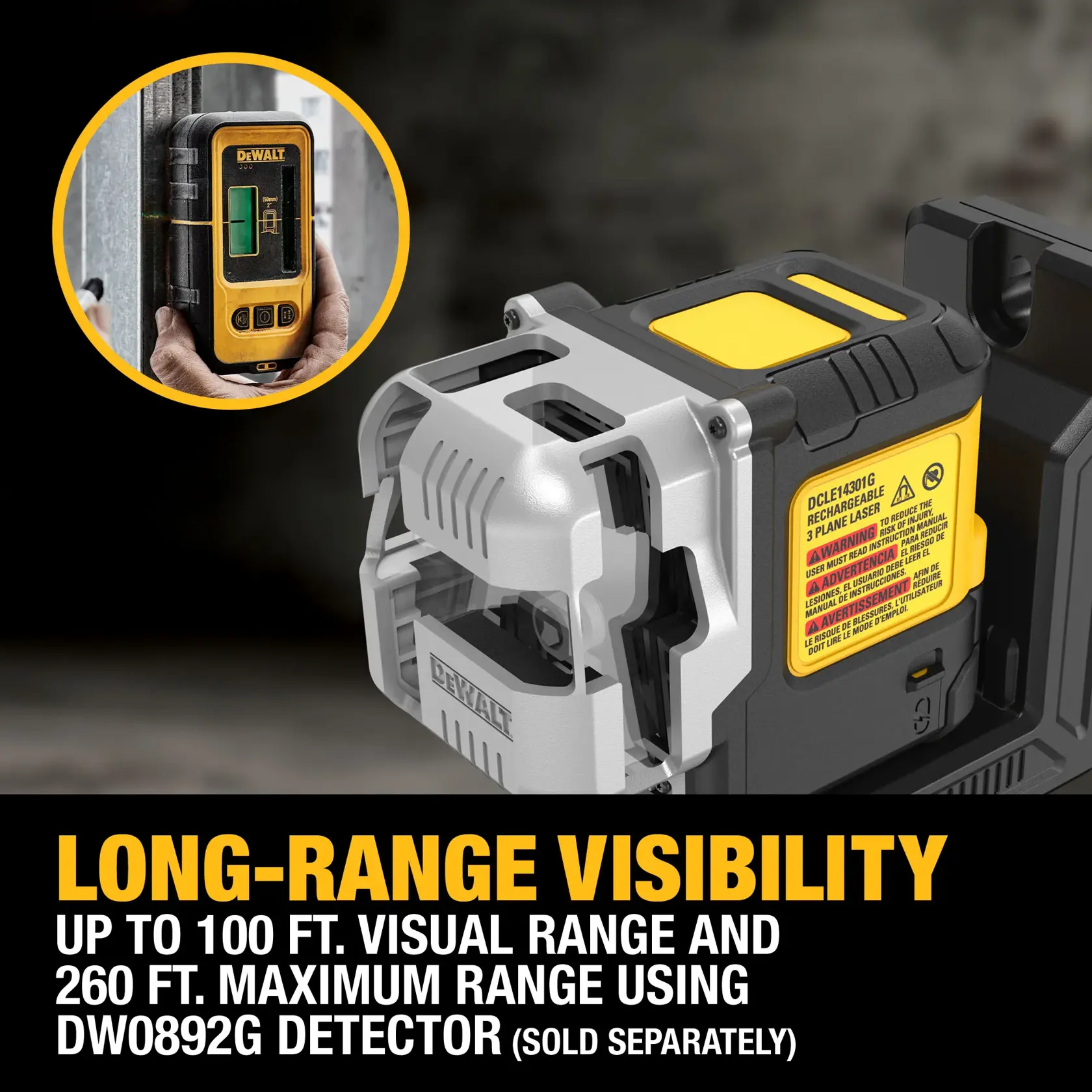 DEWALT 3-plane laser level (SKU: DCLE14301G) is shown with a close-up view of its side and a yellow and black DW0892G detector (sold separately) in an inset. The graphic text highlights long-range visibility: up to 100 ft. visual range, and up to 260 ft. maximum range with the detector.