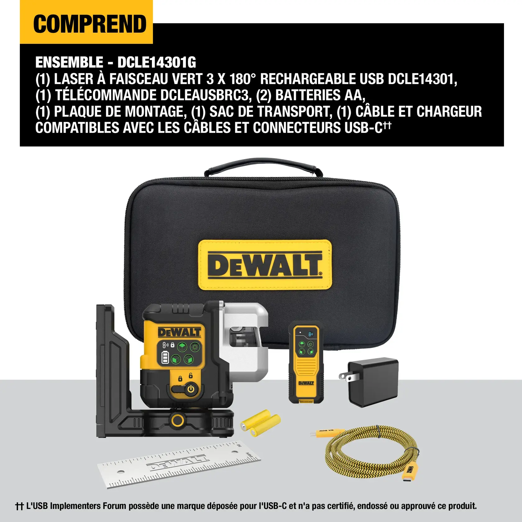 The image shows a DEWALT DCLE14301G kit, which includes a rechargeable green 3 x 180° line laser, a remote control, two AA batteries, a mounting plate, a storage case with a DEWALT logo, and a cable and charger compatible with USB-C. All items are arranged in front of the black and yellow carrying case.