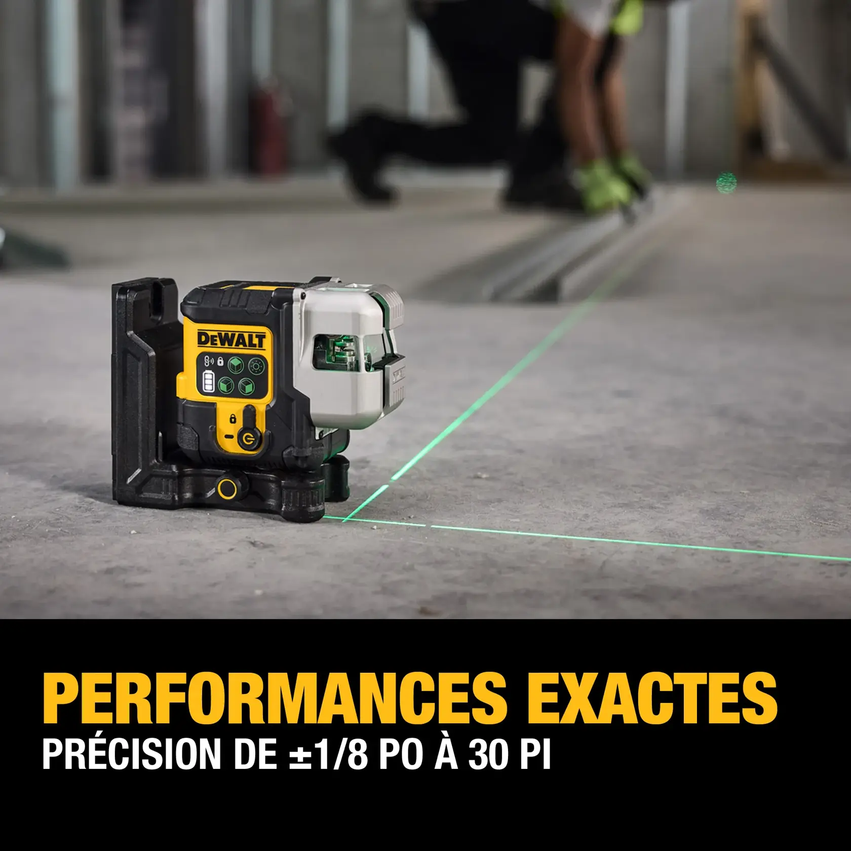 A DEWALT laser level tool emits green laser lines onto a construction floor, with a worker in the background. Promotional text at the bottom reads: 'Accurate performance ±1/8 in. accuracy at 30 ft.'