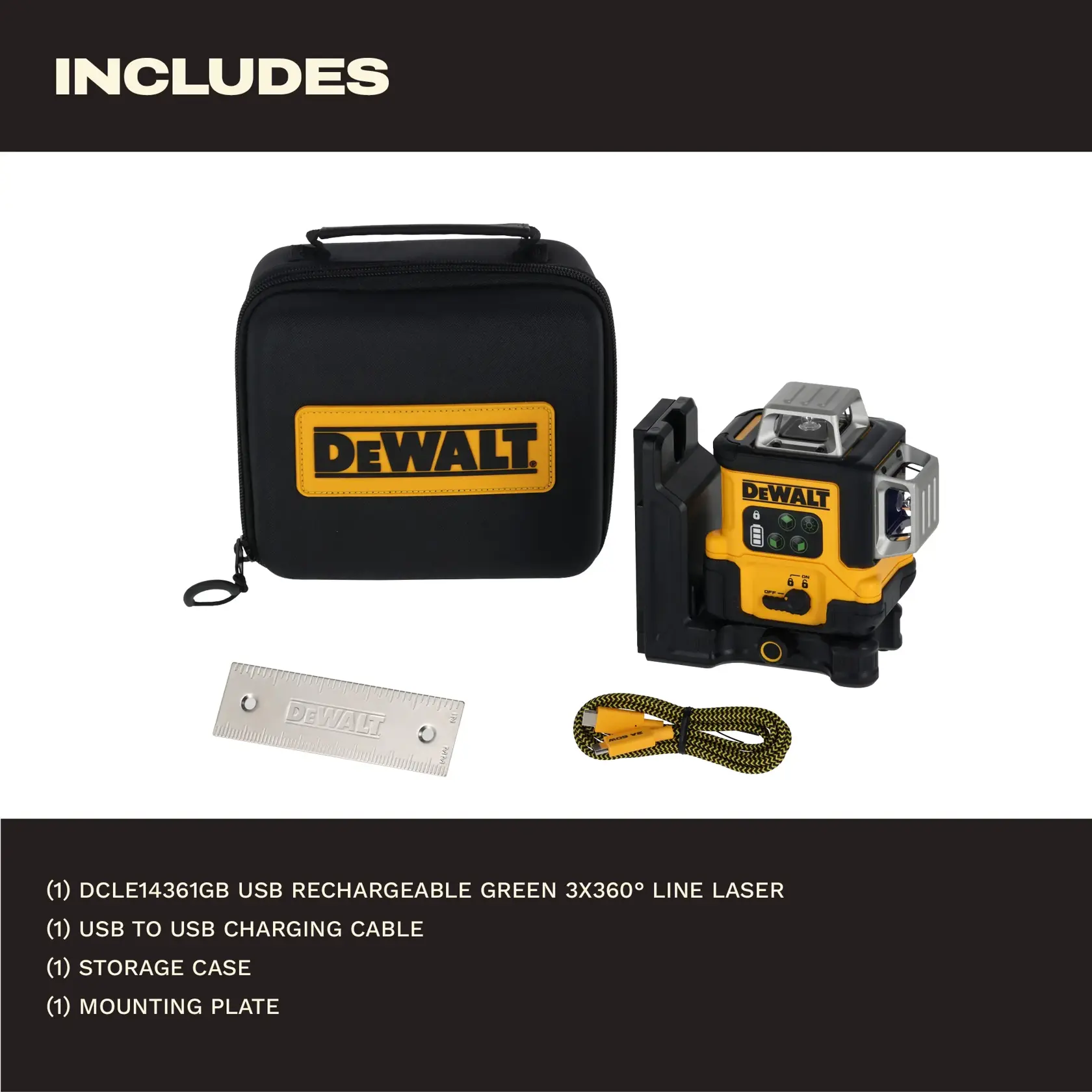 DEWALT laser level set with case, cable, mounting plate, and green 3x360° line laser.