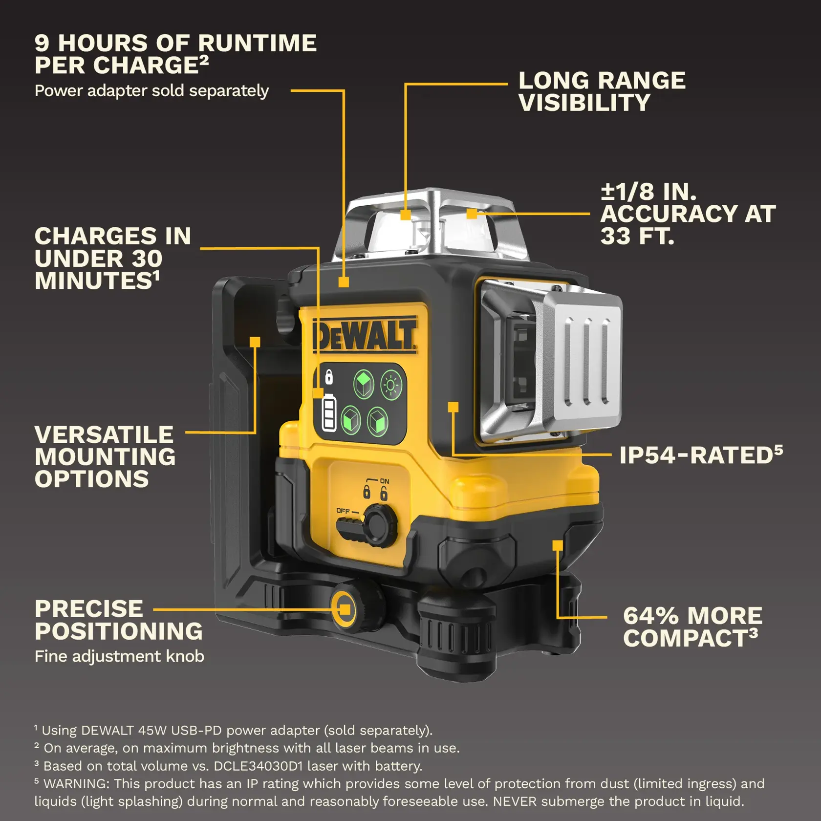 DEWALT laser level with compact design, fast charging, long runtime, precise positioning, IP54 rating, and mounting options.