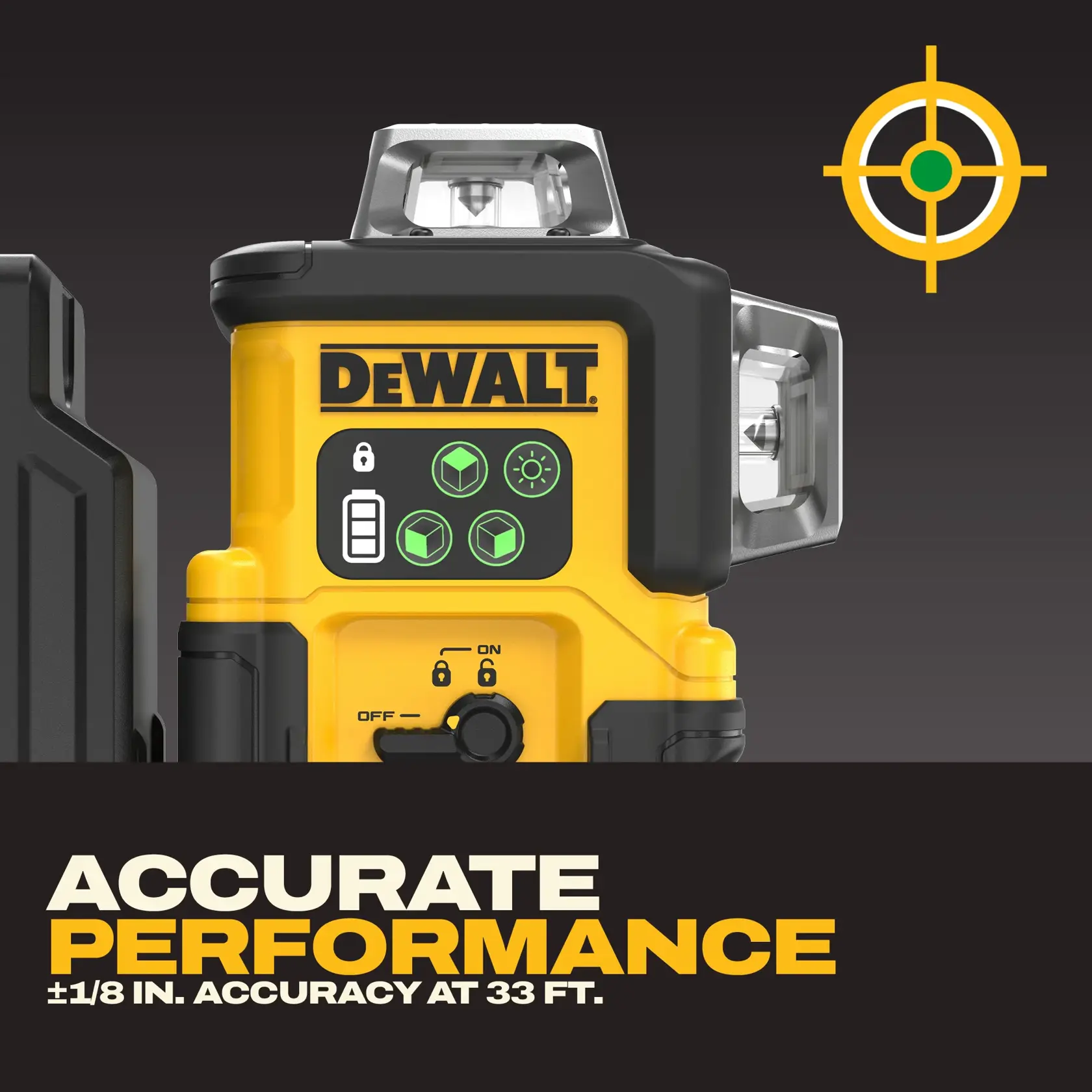 DEWALT laser level tool with control buttons and text stating ±1/8 in. accuracy at 33 ft.