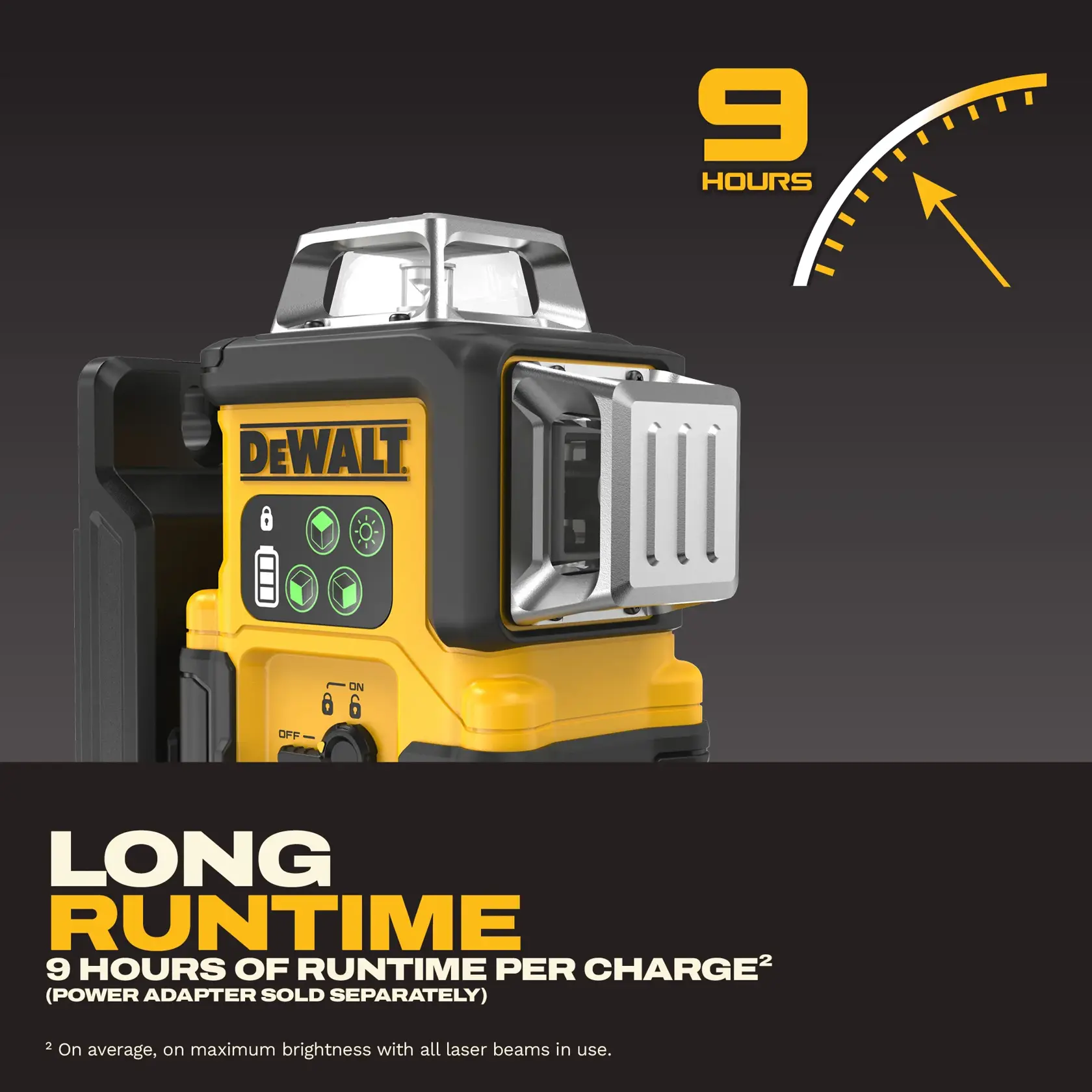 DEWALT laser level device with 9-hour runtime shown on gauge; text highlights long battery life per charge.