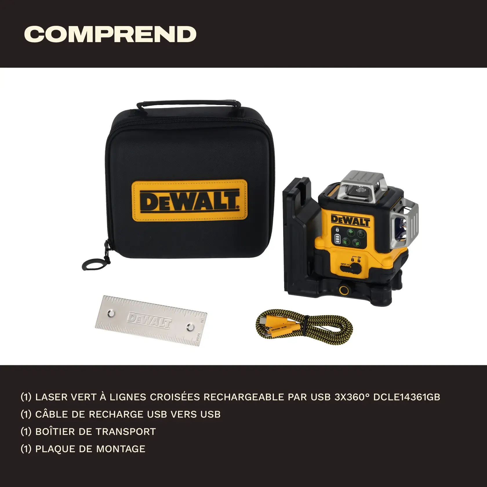 DEWALT laser level set with case, cable, mounting plate, and green 3x360° line laser.