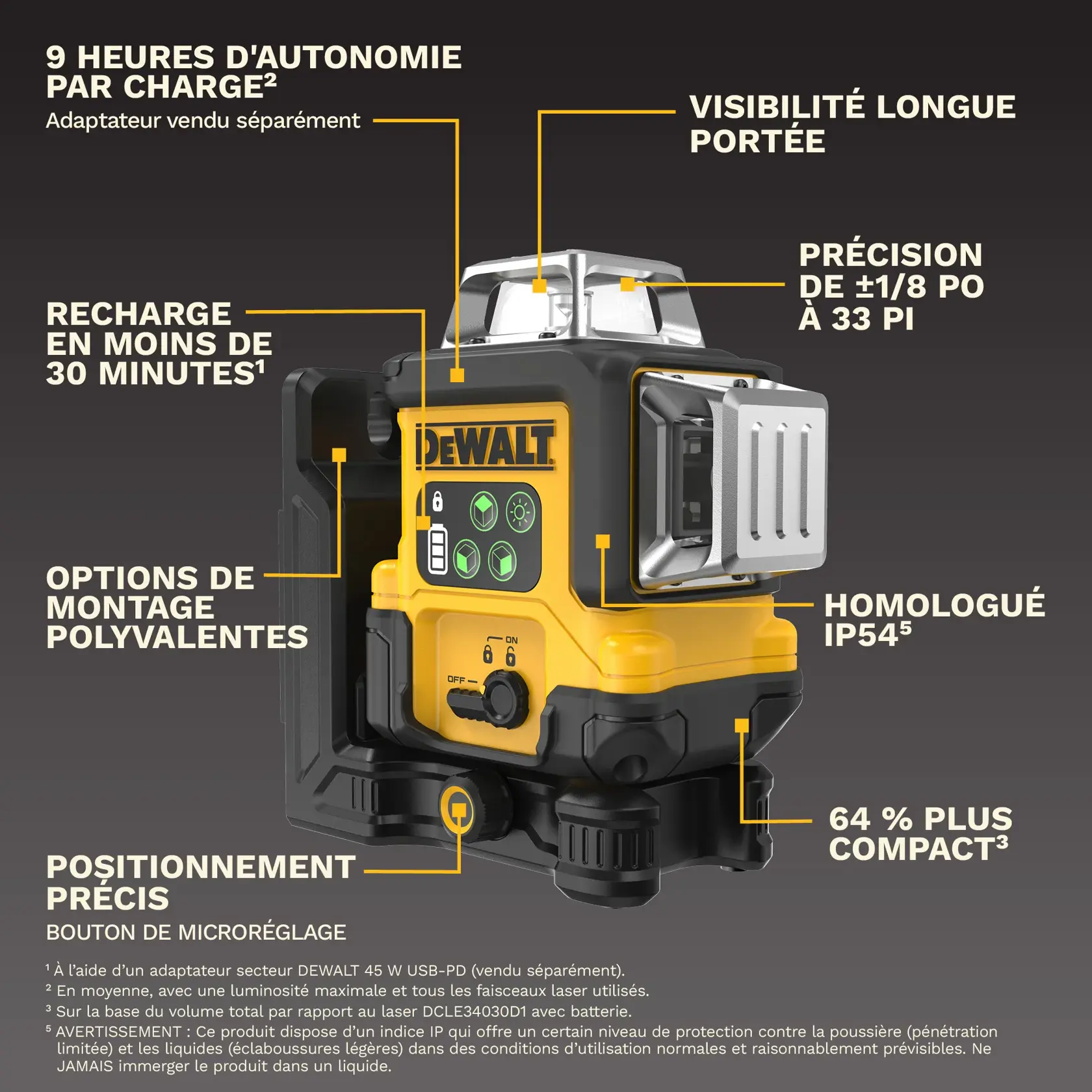 DEWALT laser level with compact design, fast charging, long runtime, precise positioning, IP54 rating, and mounting options.