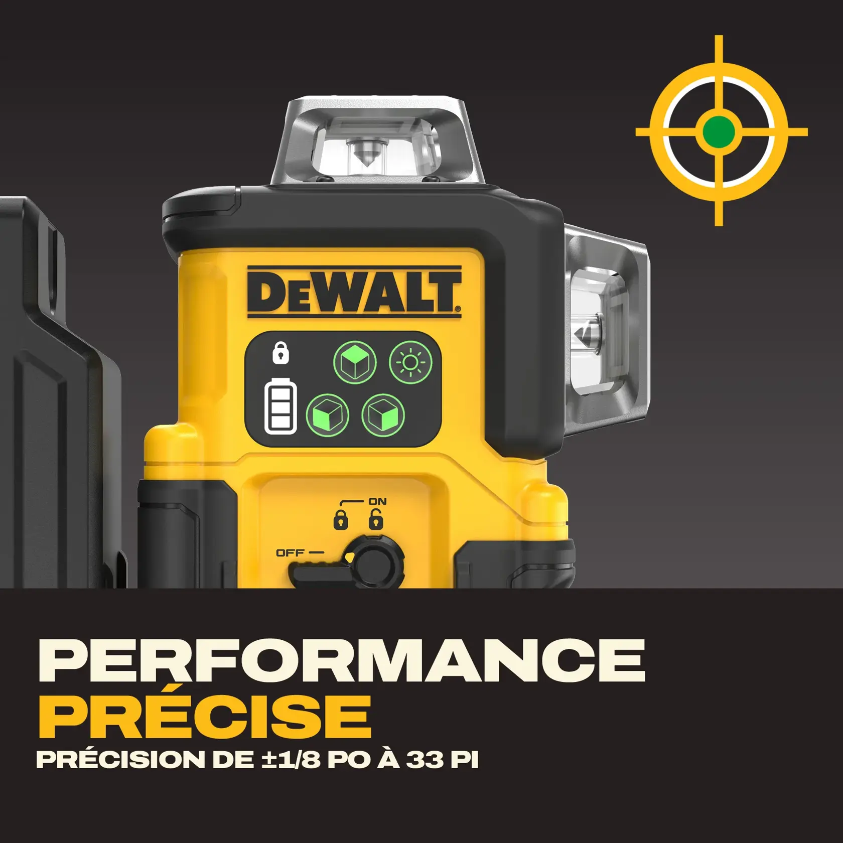 DEWALT laser level tool with control buttons and text stating ±1/8 in. accuracy at 33 ft.