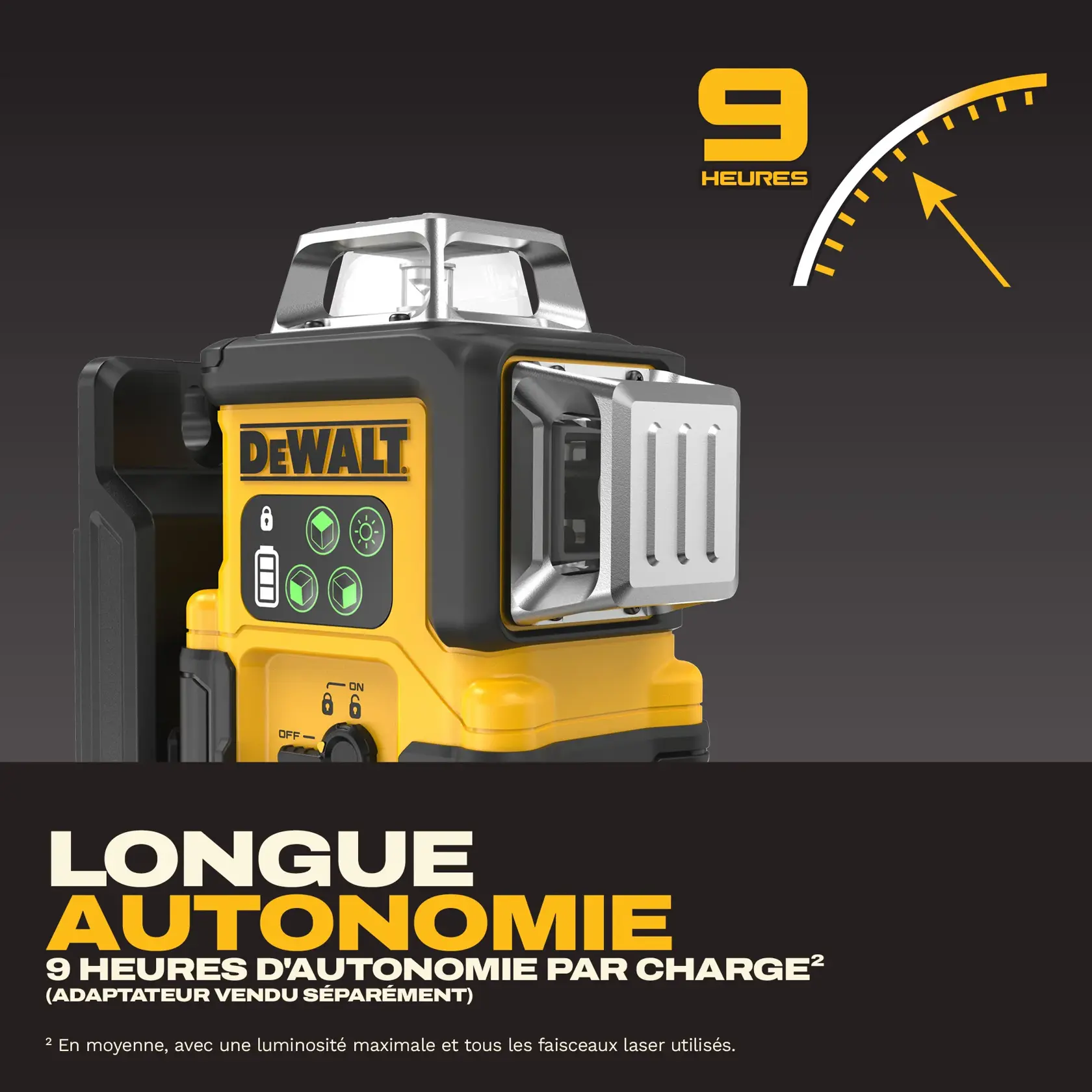 DEWALT laser level device with 9-hour runtime shown on gauge; text highlights long battery life per charge.