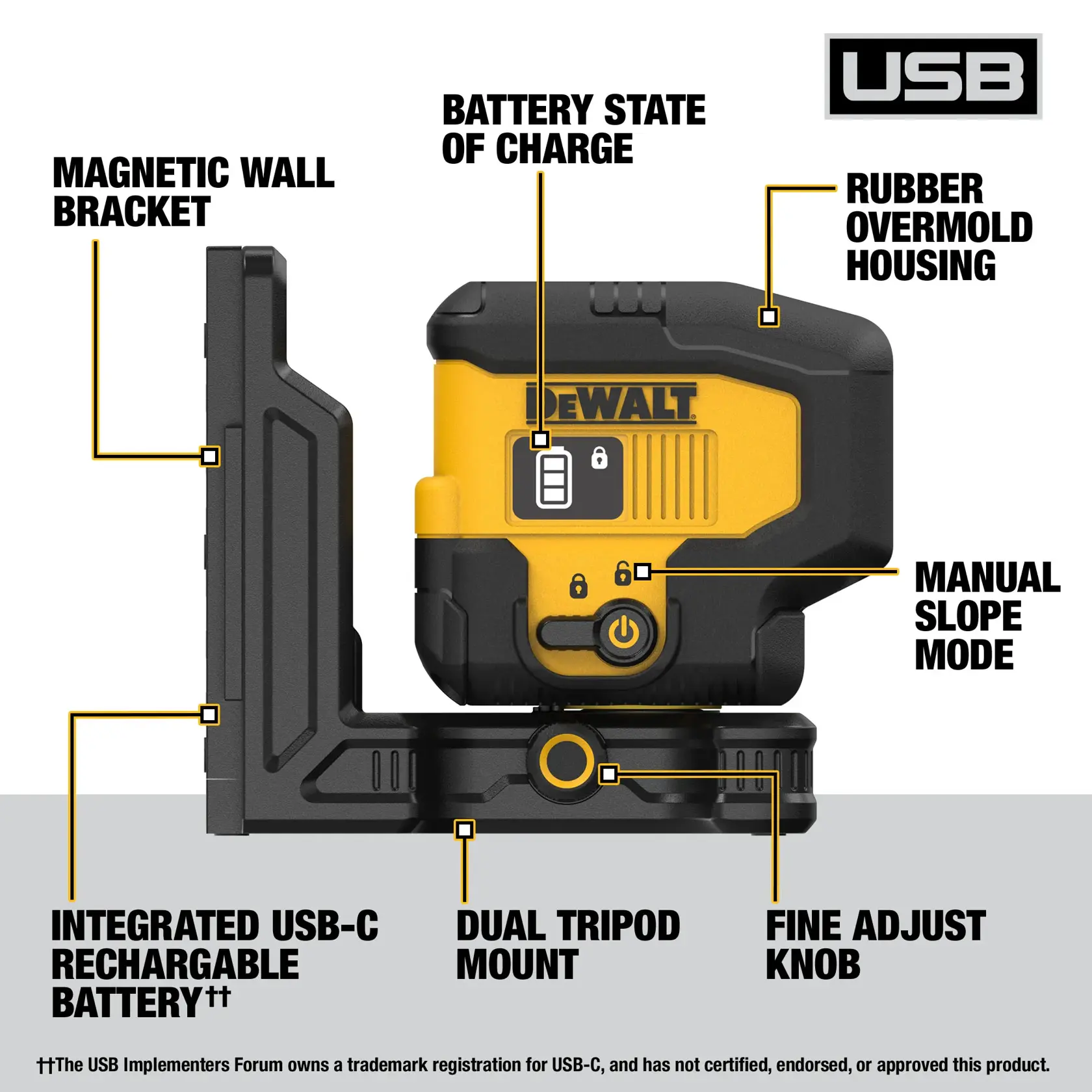 DEWALT laser level with various labeled features, including a magnetic wall bracket, battery state of charge indicator, rubber overmold housing, manual slope mode, integrated USB-C rechargeable battery, dual tripod mount, and fine adjust knob.
