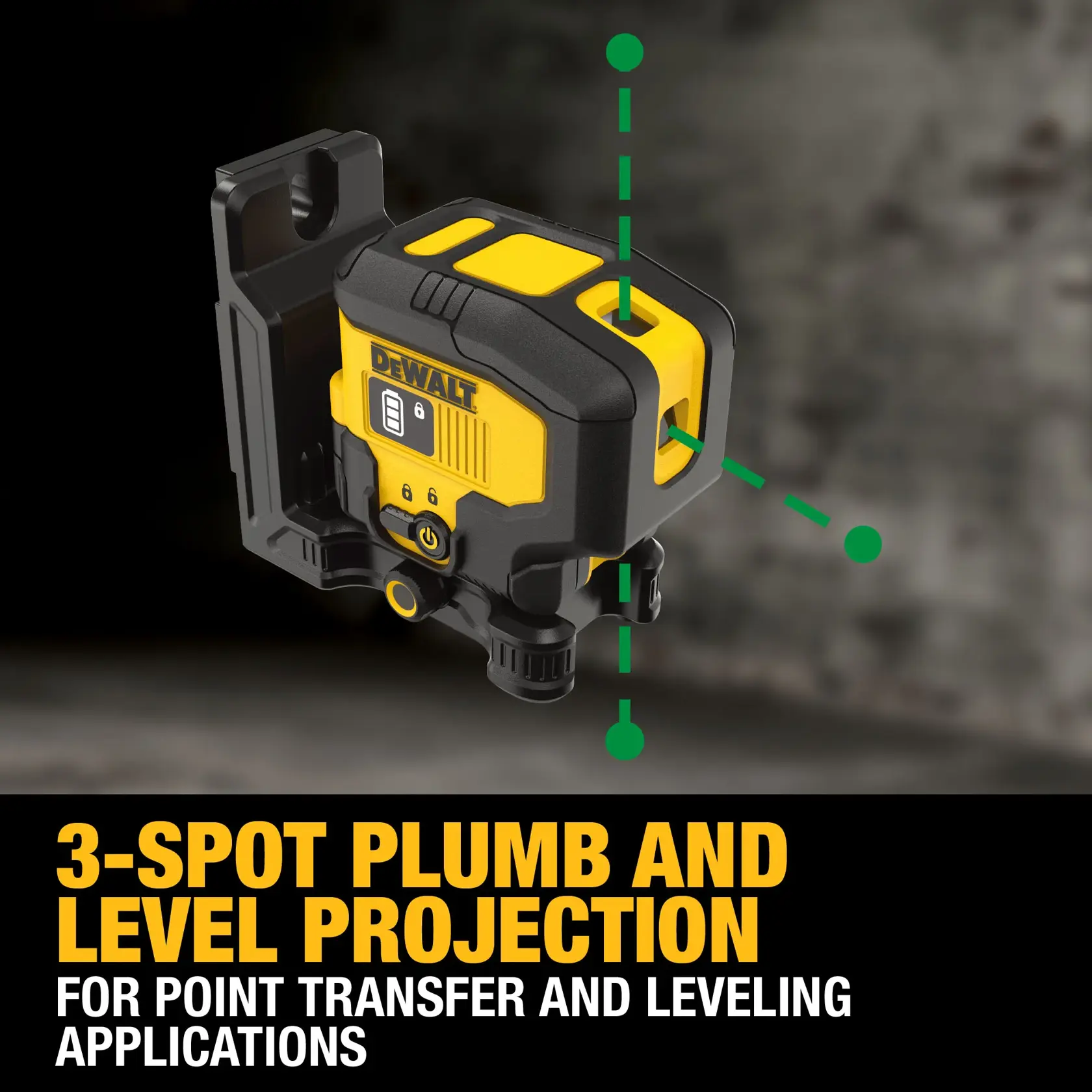 DEWALT 3-spot plumb and level laser projecting green laser dots, designed for point transfer and leveling applications. The tool has a black and yellow body and a mounting bracket. The image includes text highlighting its function.