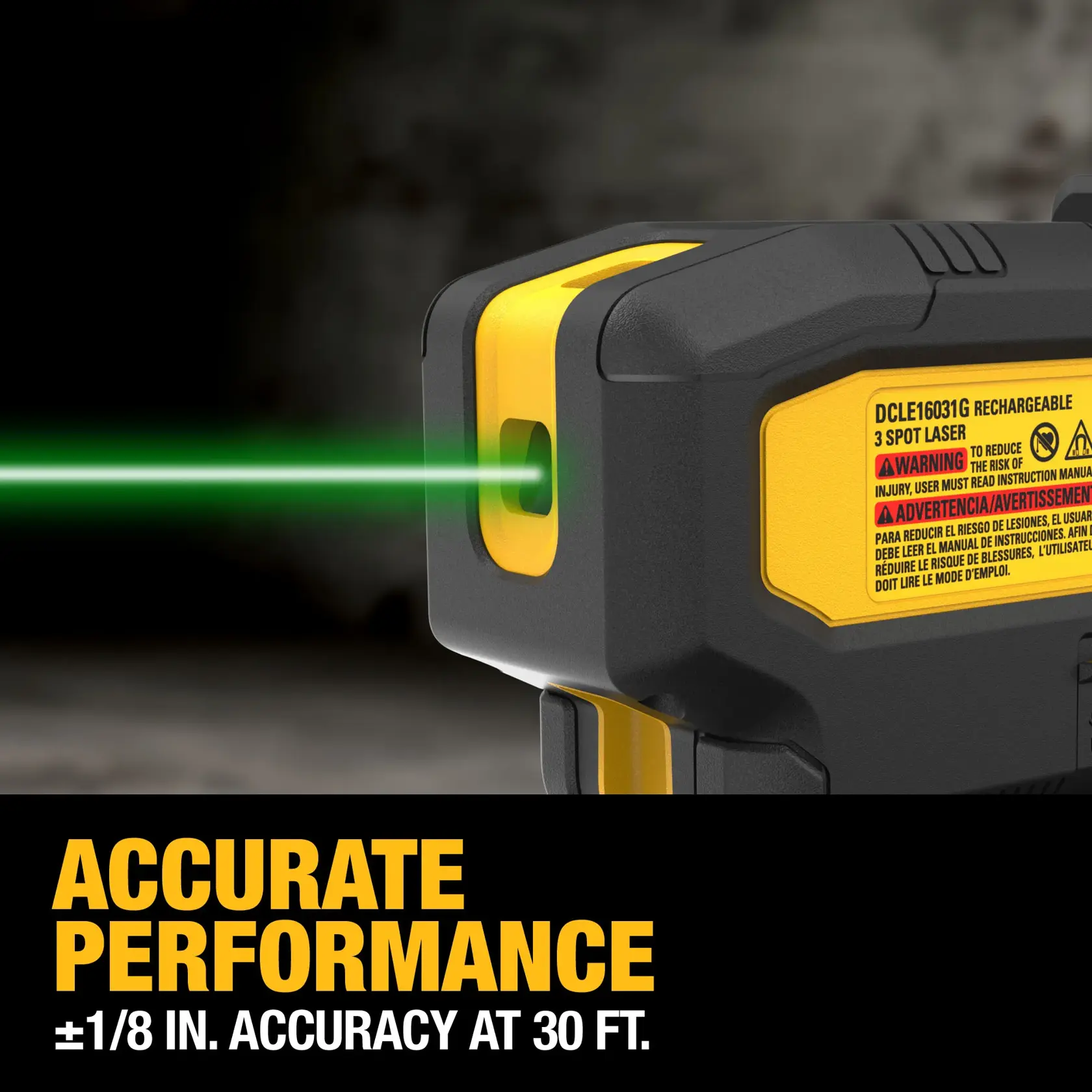 Close-up of a DEWALT rechargeable 3 spot laser tool emitting a green laser beam, with yellow and black casing, and warning label visible. Text below reads 'Accurate Performance ±1/8 in. Accuracy at 30 ft.'