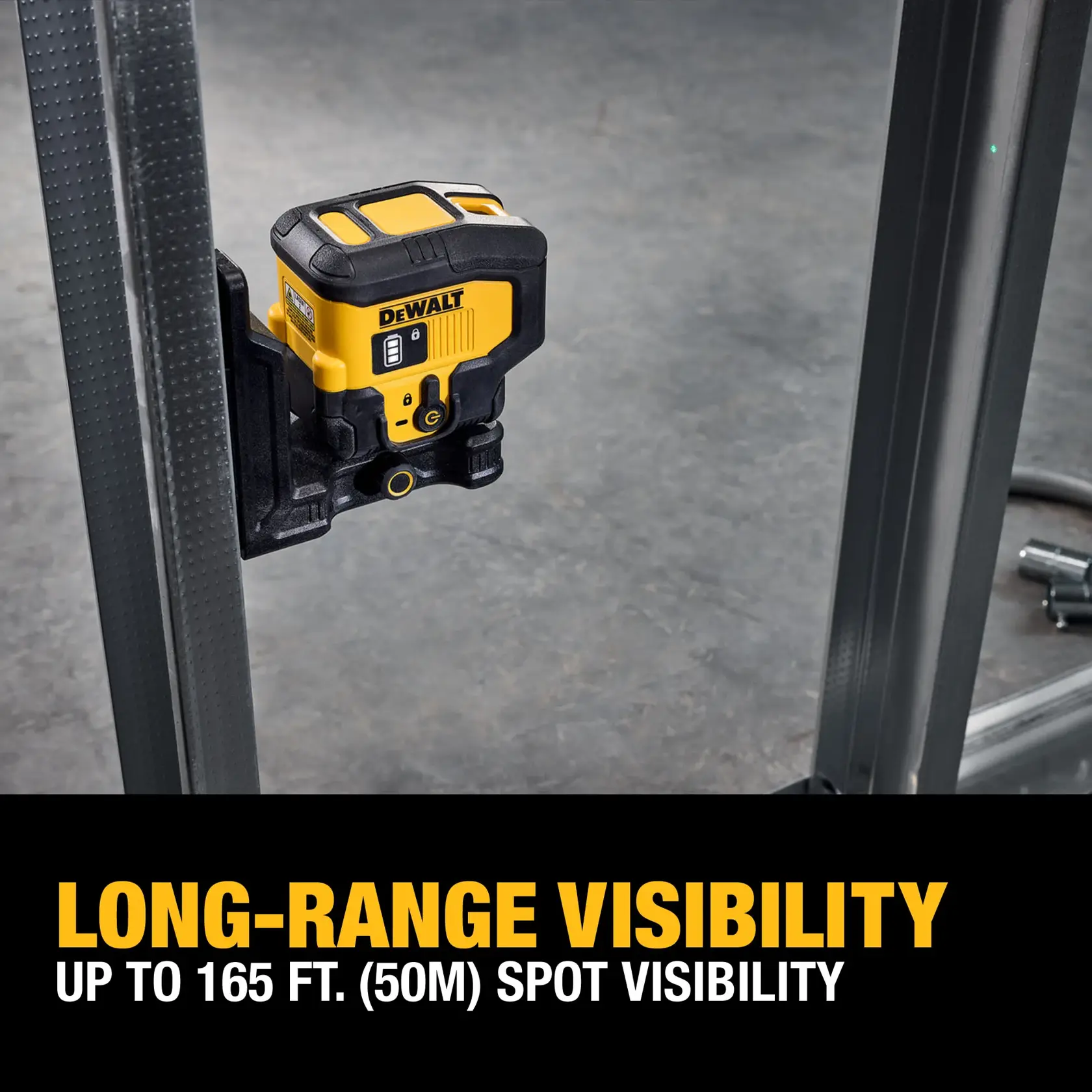 A DEWALT spot laser level tool mounted on a metal surface, with text stating 'Long-range visibility up to 165 ft. (50m) spot visibility.'