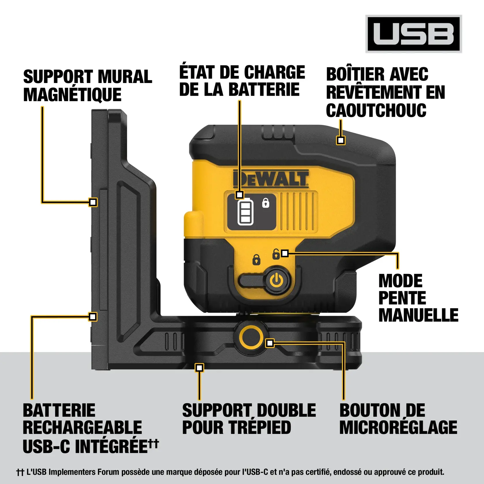 DEWALT laser level with various labeled features, including a magnetic wall bracket, battery state of charge indicator, rubber overmold housing, manual slope mode, integrated USB-C rechargeable battery, dual tripod mount, and fine adjust knob.