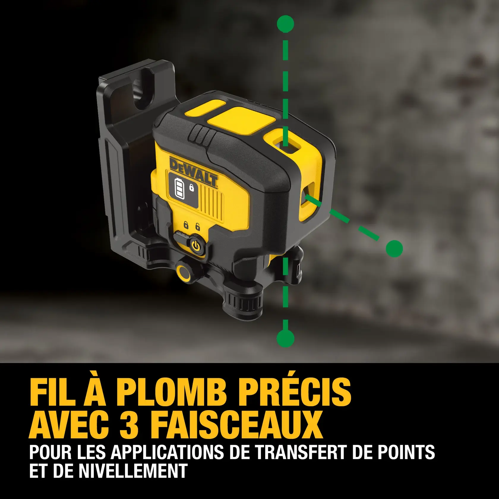 DEWALT 3-spot plumb and level laser projecting green laser dots, designed for point transfer and leveling applications. The tool has a black and yellow body and a mounting bracket. The image includes text highlighting its function.