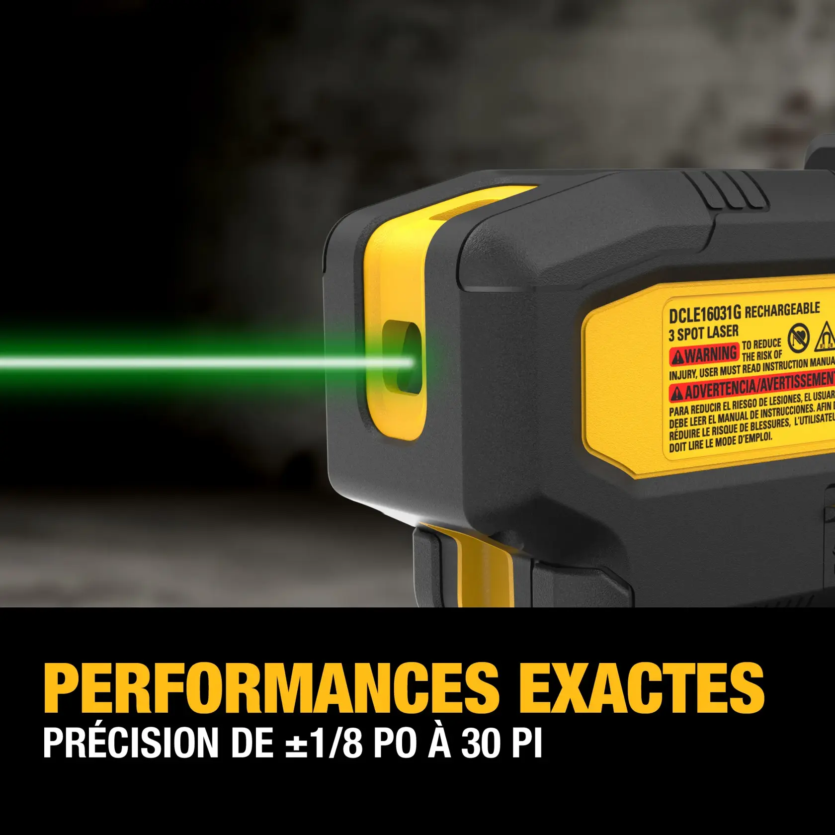 Close-up of a DEWALT rechargeable 3 spot laser tool emitting a green laser beam, with yellow and black casing, and warning label visible. Text below reads 'Accurate Performance ±1/8 in. Accuracy at 30 ft.'