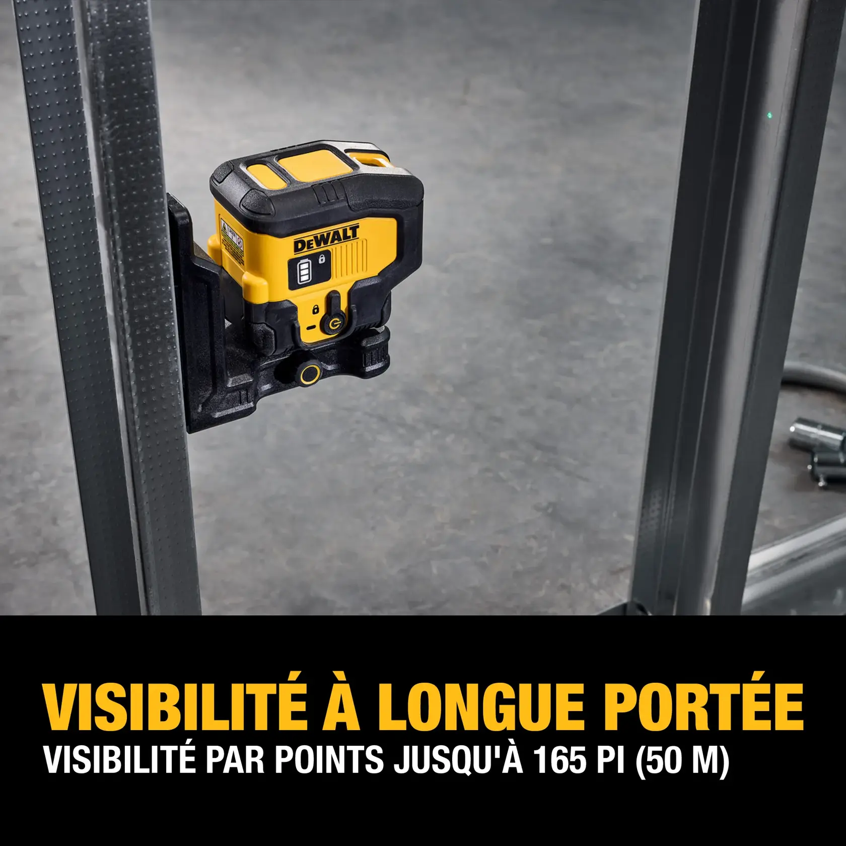A DEWALT spot laser level tool mounted on a metal surface, with text stating 'Long-range visibility up to 165 ft. (50m) spot visibility.'
